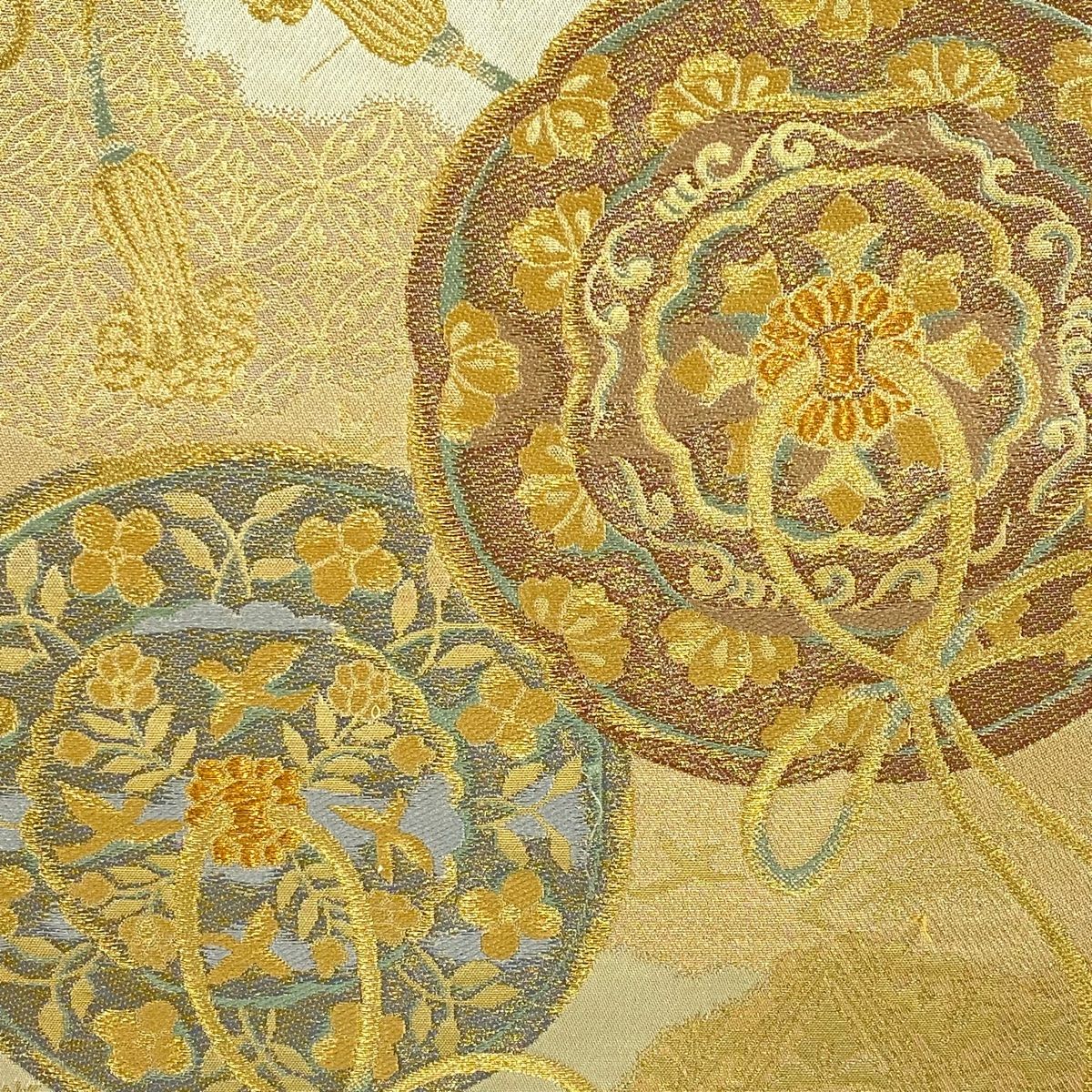 袋帯 秀品 服部織物 落款 鏡裏文 七宝 金糸 箔 金色 六通 正絹