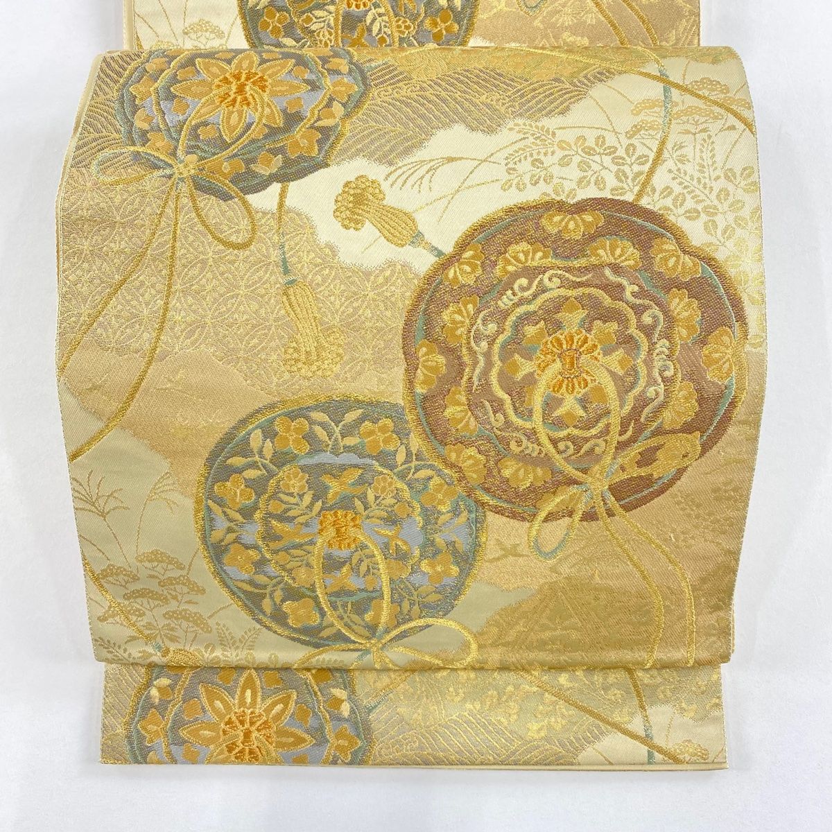 袋帯 秀品 服部織物 落款 鏡裏文 七宝 金糸 箔 金色 六通 正絹