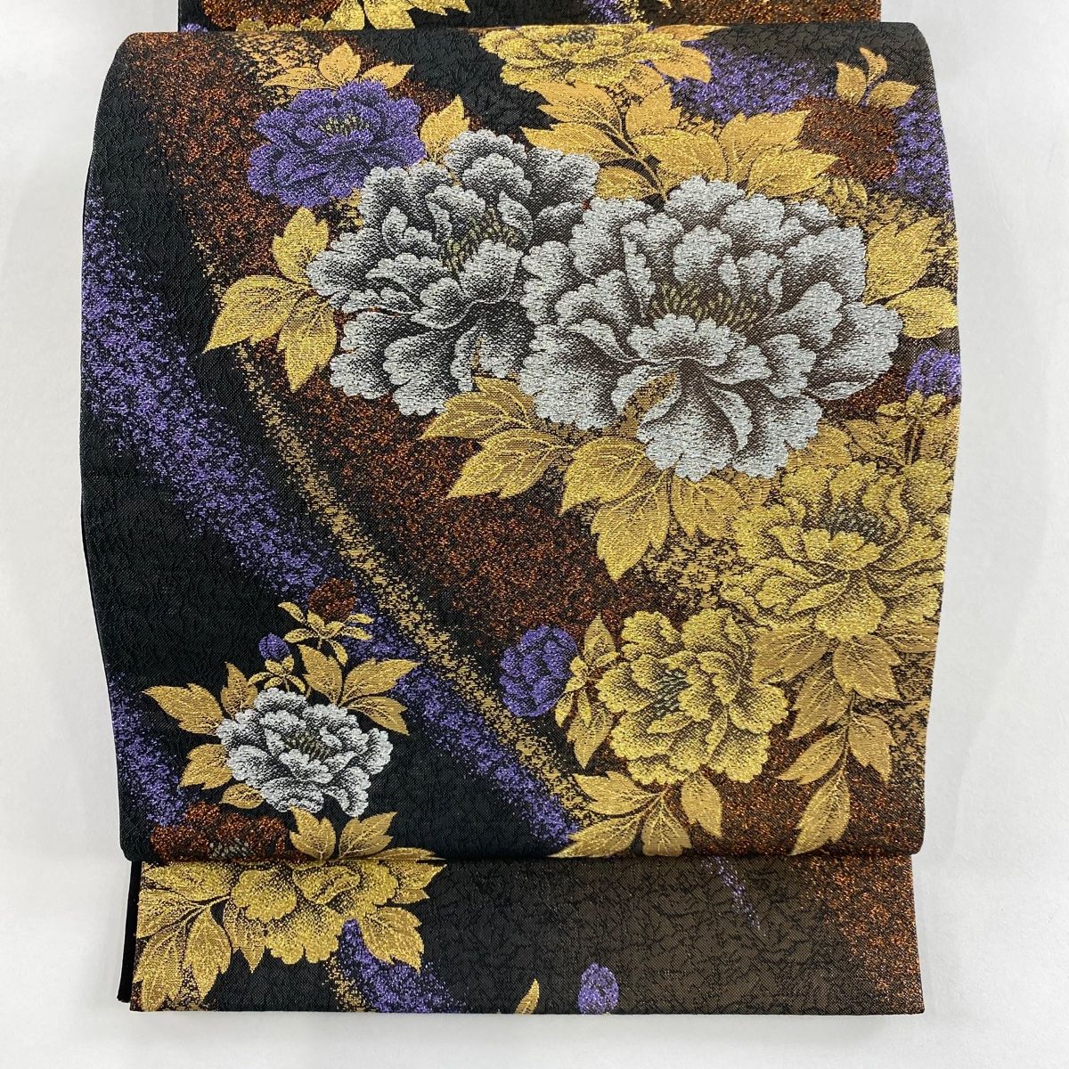 袋帯 秀品 やまと 牡丹 金銀糸 箔 墨色 六通 正絹