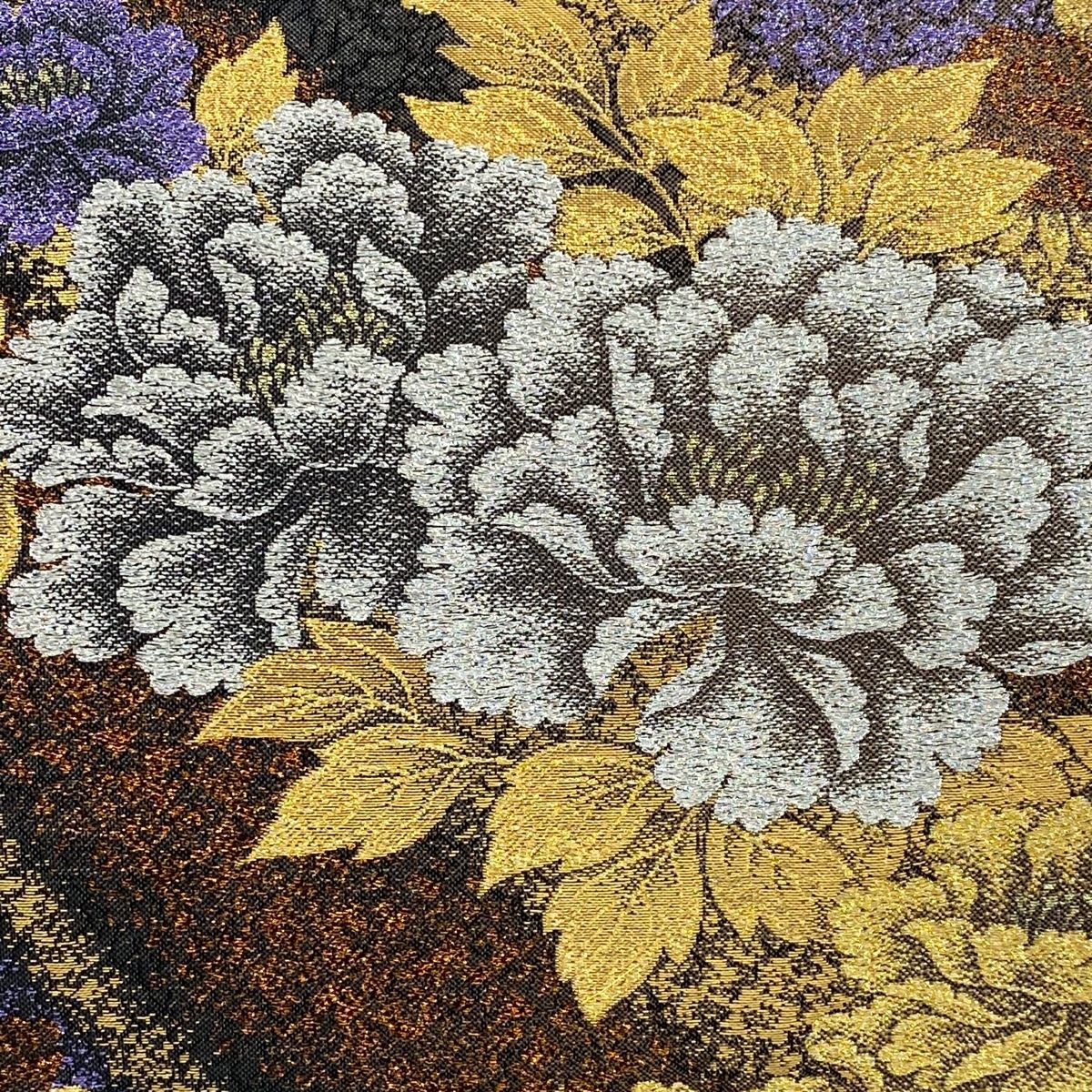 袋帯 秀品 やまと 牡丹 金銀糸 箔 墨色 六通 正絹