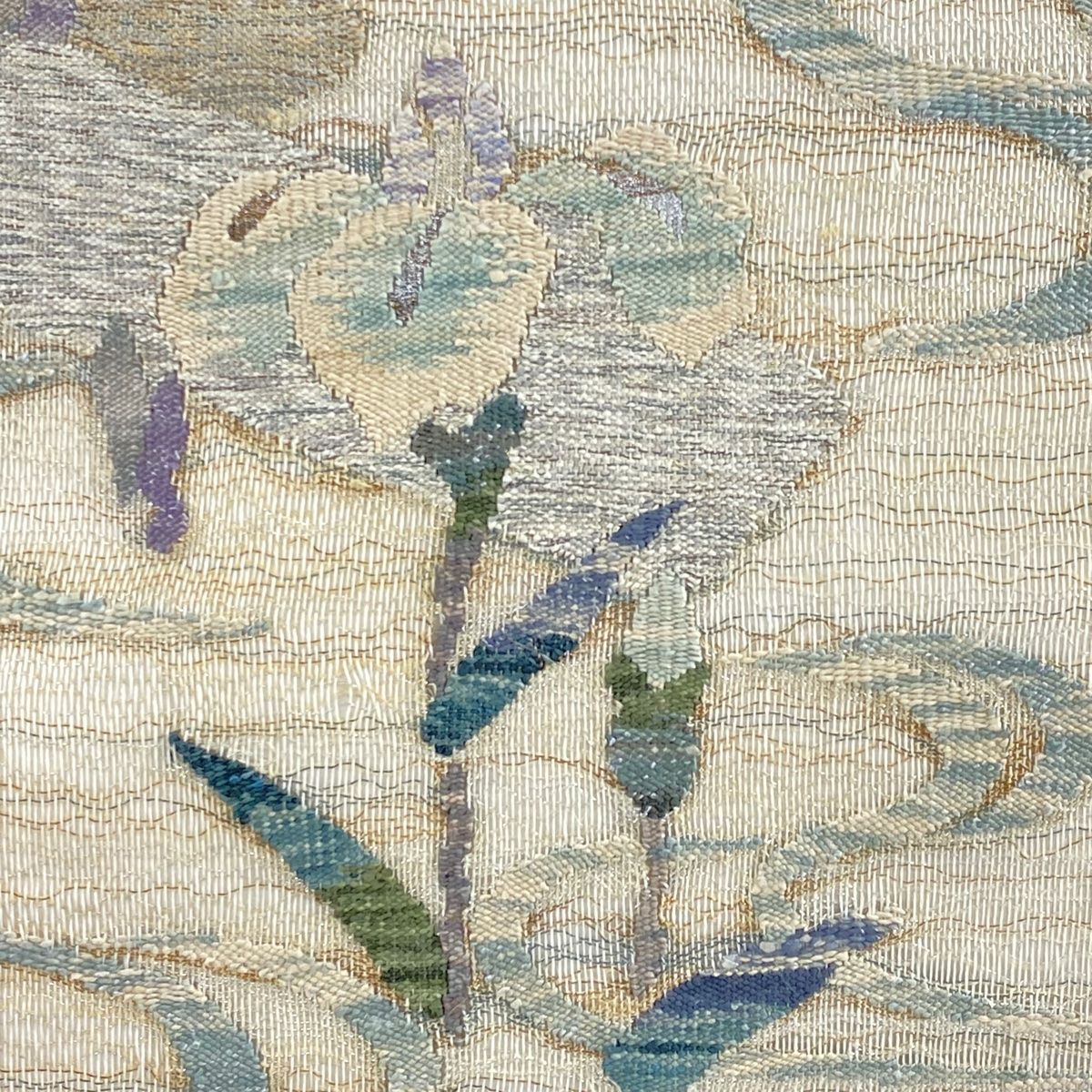 袋帯 秀品 夏帯 関西仕立て 草花 流水 金銀糸 クリーム お太鼓柄 正絹