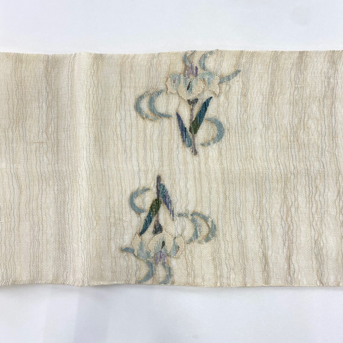  袋帯 秀品 夏帯 関西仕立て 草花 流水 金銀糸 クリーム お太鼓柄 正絹 袋帯 帯