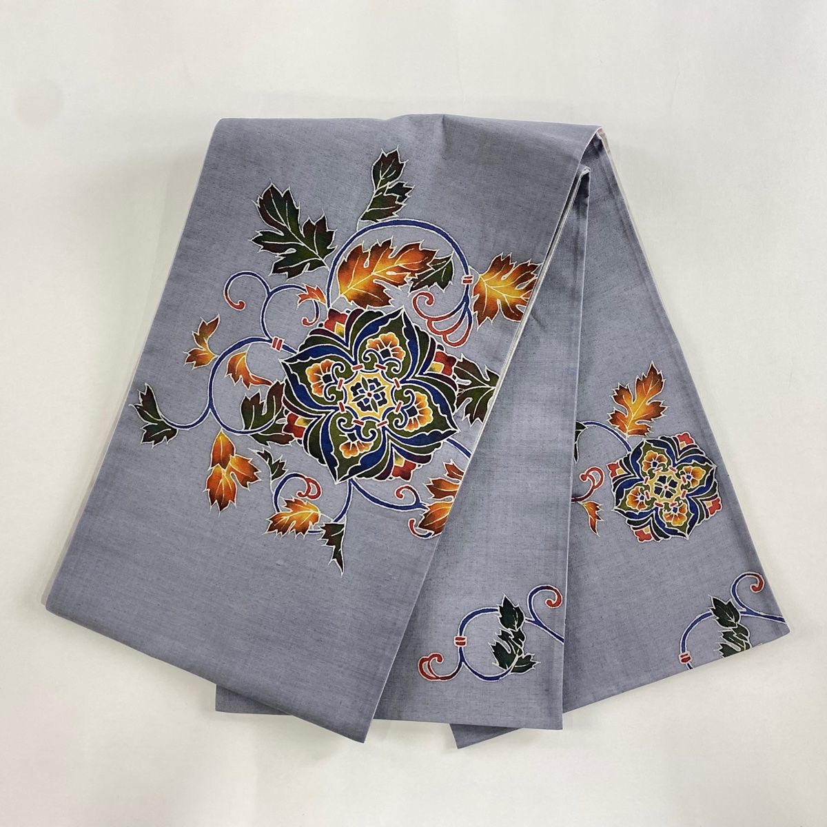  袋帯 秀品 紬地 華文 花唐草 青灰色 お太鼓柄 正絹 袋帯 帯