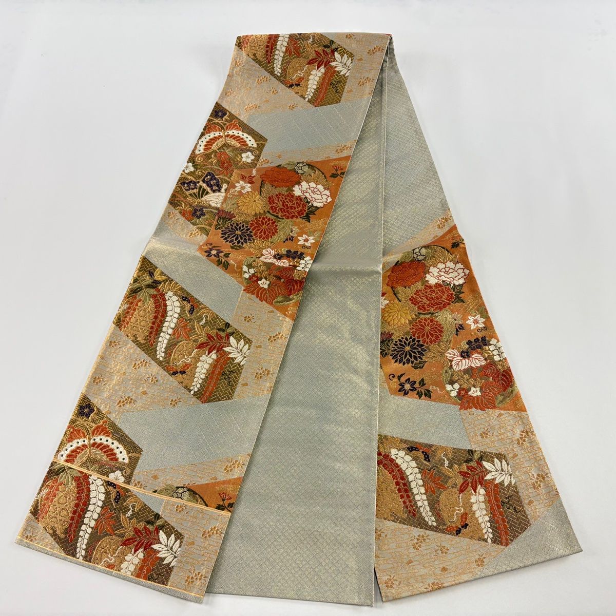 袋帯 秀品 関西仕立て 花丸文 蝶 金糸 箔 金色 六通 正絹 袋帯 帯
