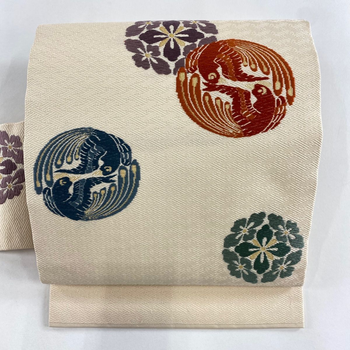 名古屋帯 秀品 鳥丸文 花 金糸 唐織 ベージュ 正絹