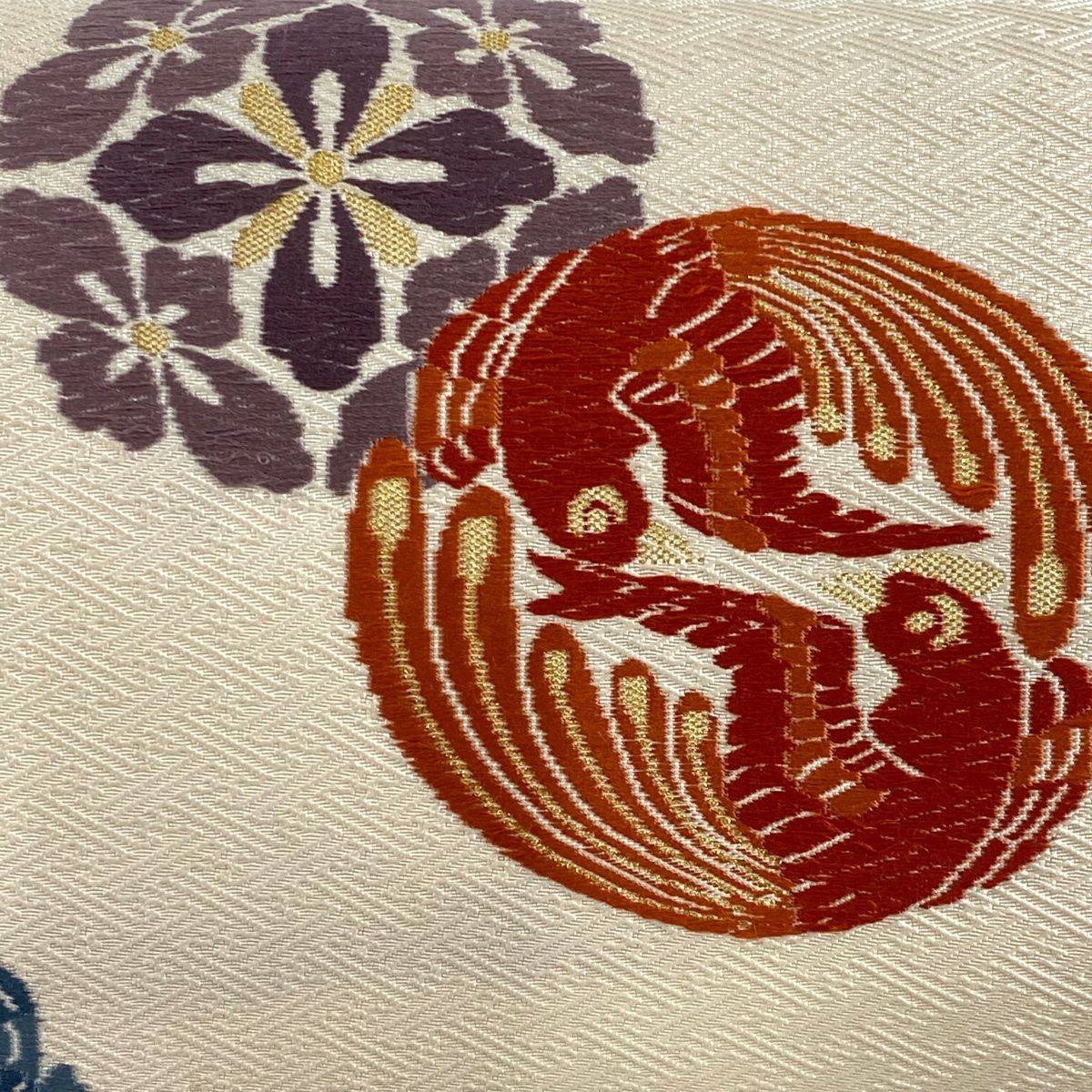 名古屋帯 秀品 鳥丸文 花 金糸 唐織 ベージュ 正絹