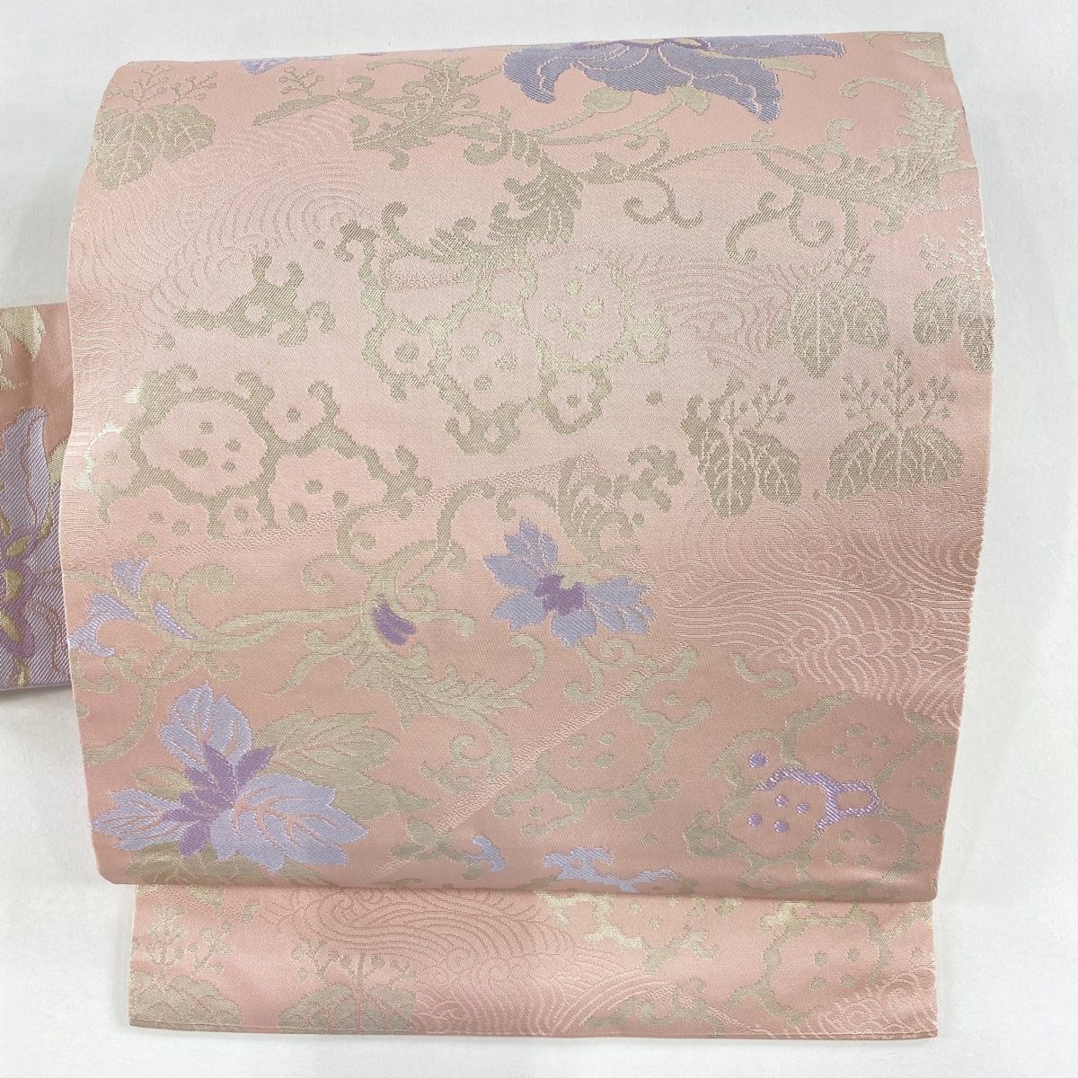 名古屋帯 秀品 関西仕立て 花唐草 桐 箔 薄ピンク 正絹