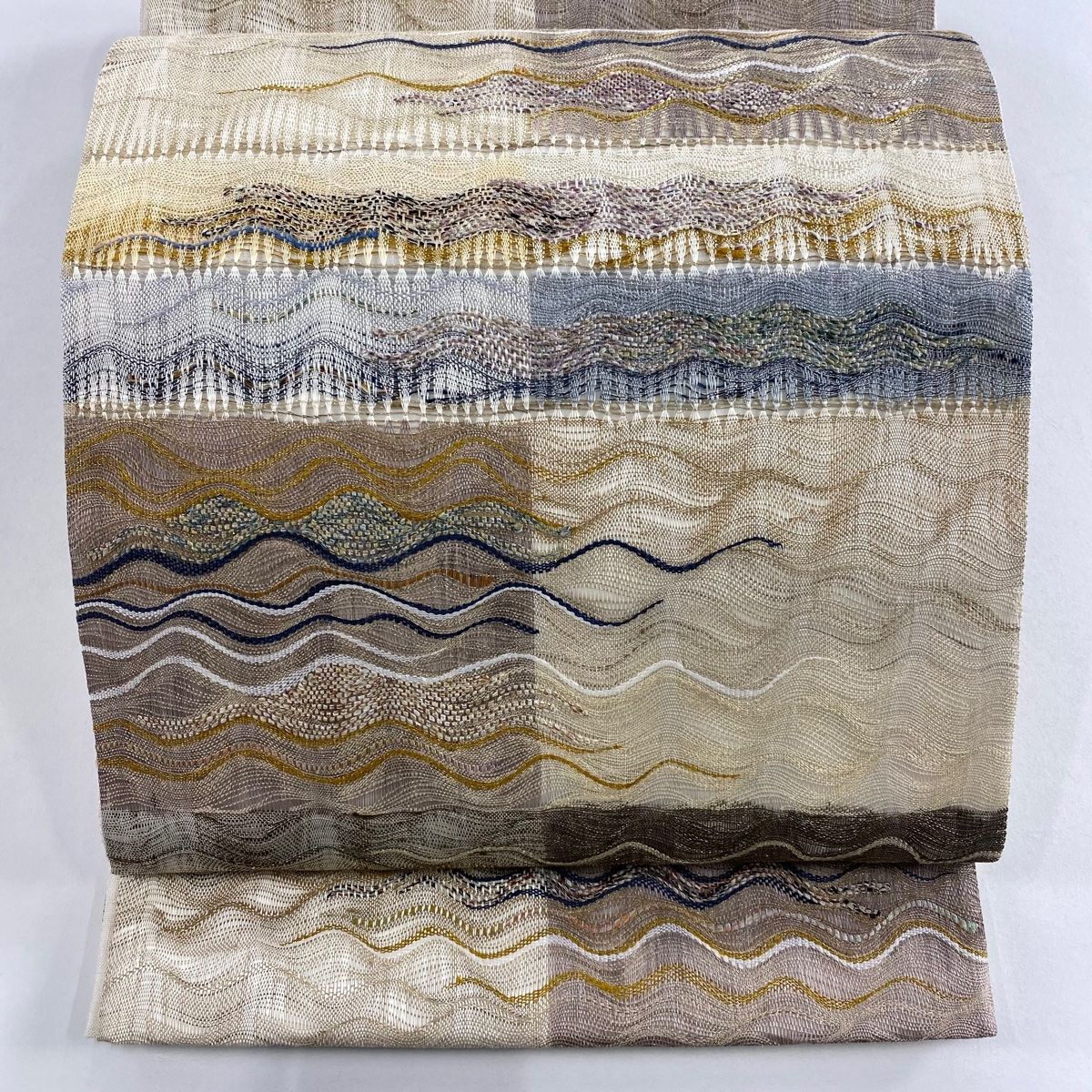 袋帯 秀品 波 市松 金銀糸 クリーム 六通 正絹