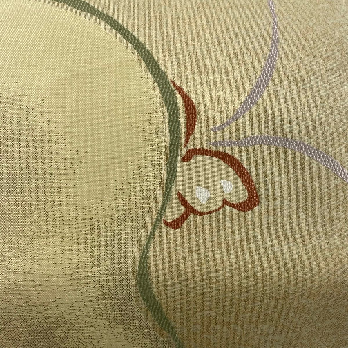 袋帯 秀品 蝶 草花 箔 抹茶色 六通 正絹