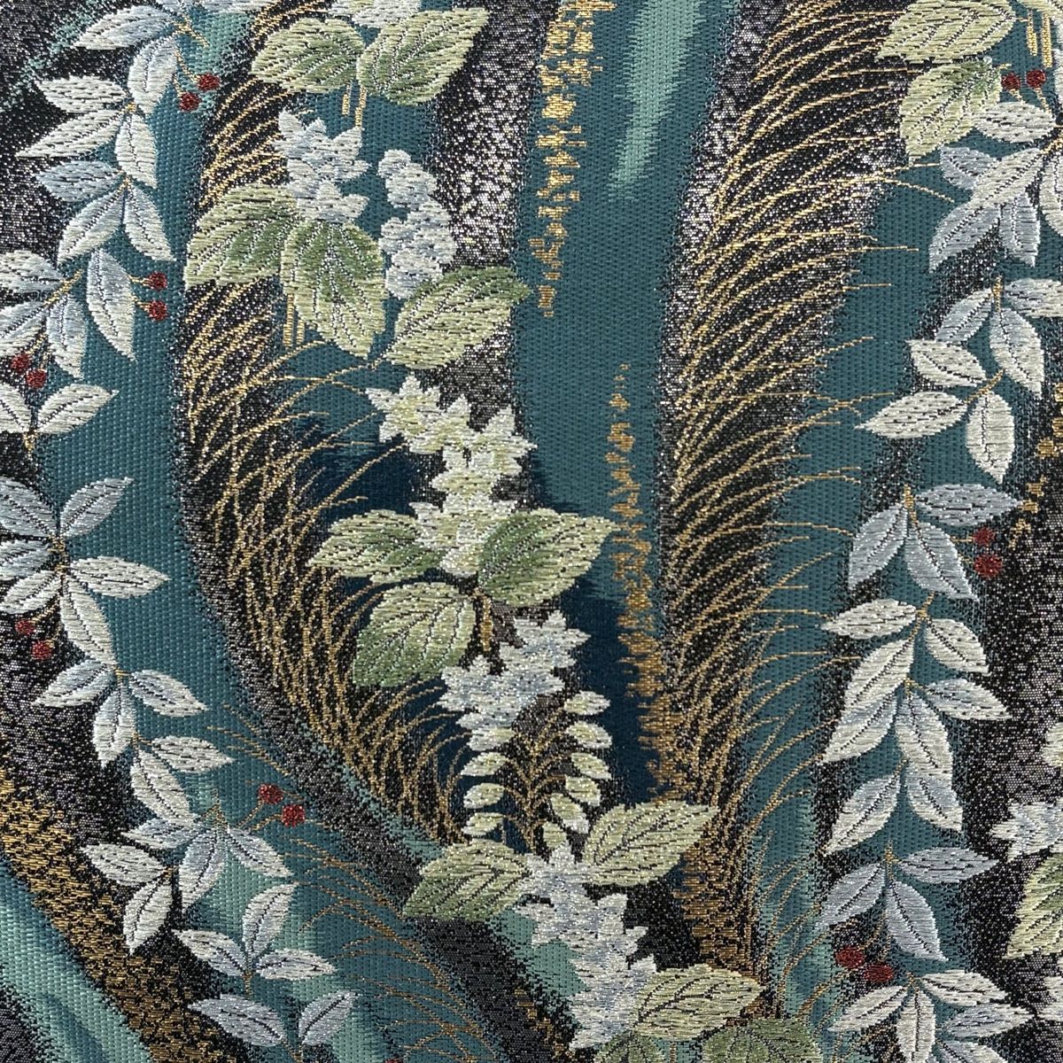 袋帯 秀品 草花 葉と実 唐織 箔 薄青緑 六通 正絹