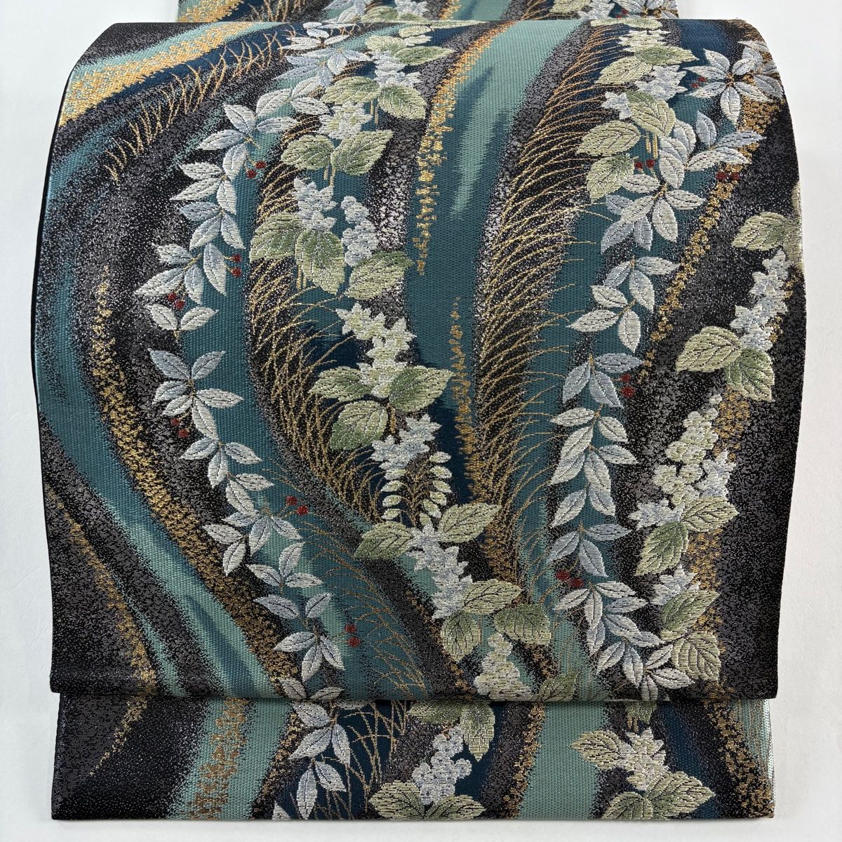 袋帯 秀品 草花 葉と実 唐織 箔 薄青緑 六通 正絹