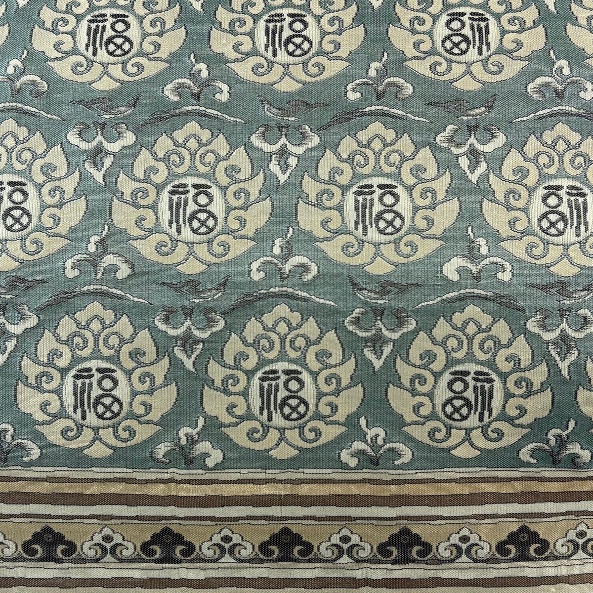 袋帯 秀品 両面の図 文字文 葉 金糸 薄青緑 全通 正絹