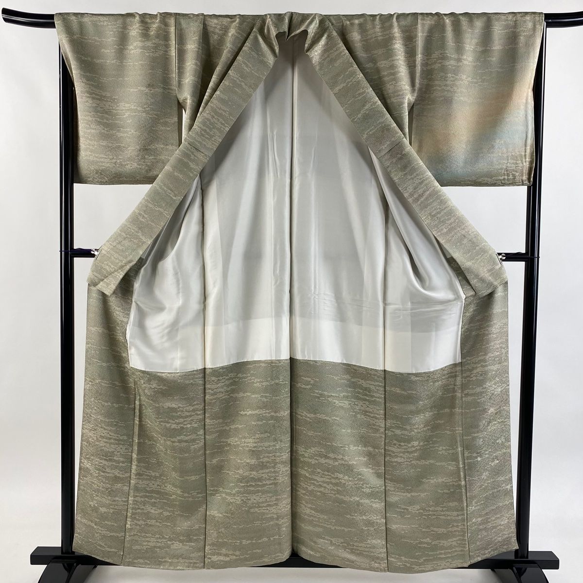  付下げ 身丈157 5 cm 裄丈68 L 袷 袋帯セット 霞 地紋 銀通し ぼかし 灰緑 正絹 訪問着 付け下げ 着物