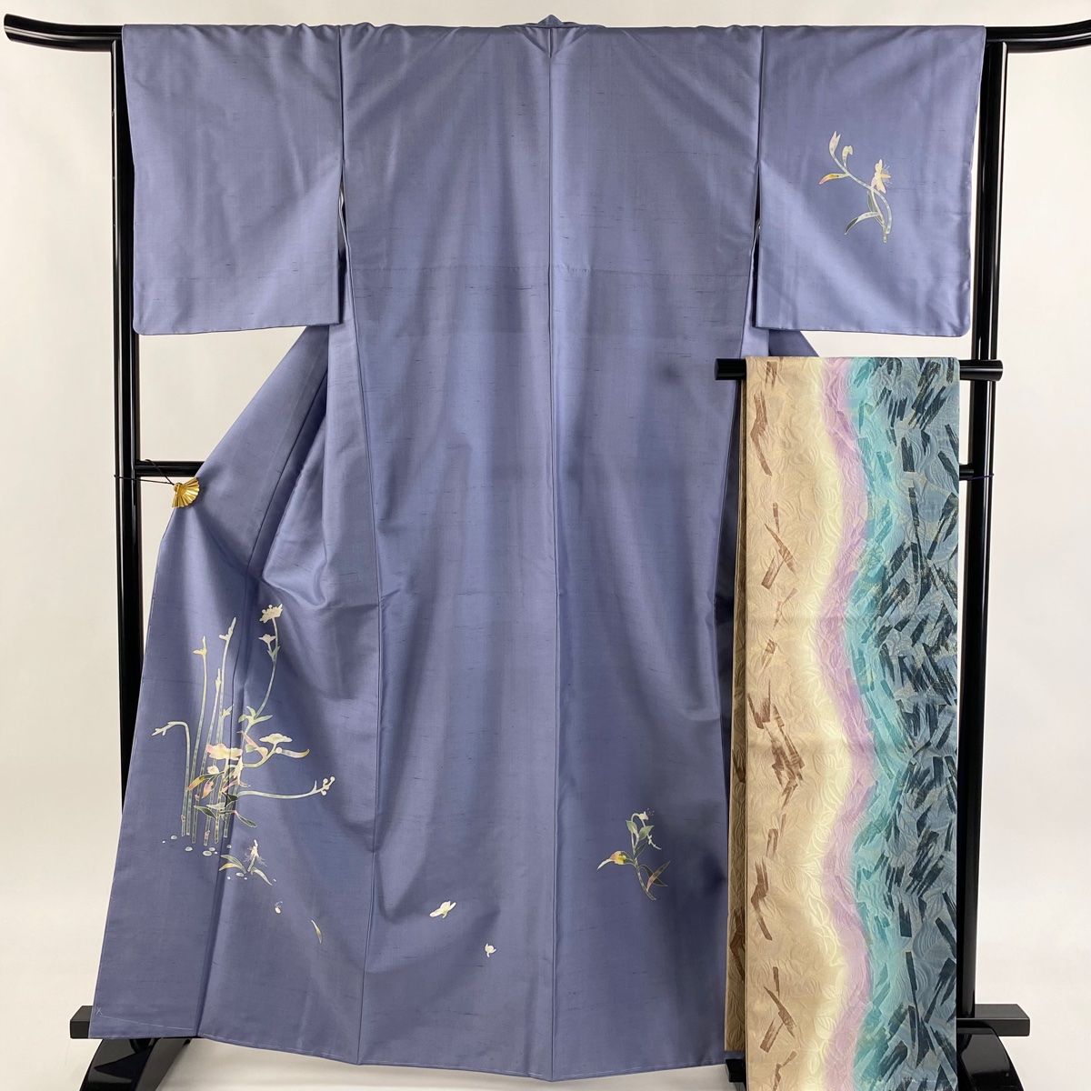付下げ 身丈163.5 cm 裄丈64 M 袷 百貫石峰 紬地 袋帯セット 落款 草花 青灰色 正絹