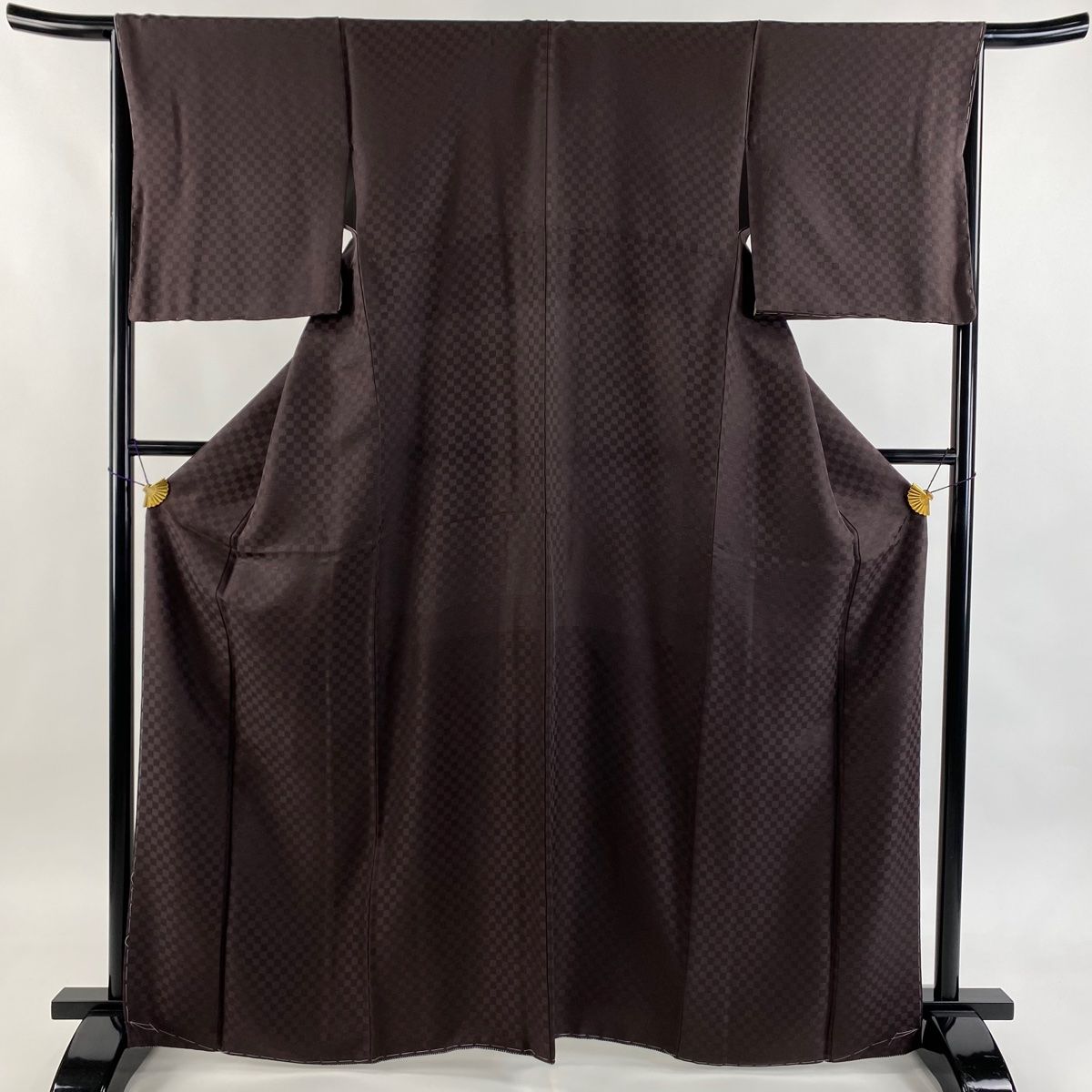  小紋 身丈166 cm 裄丈66 M 袷 名古屋帯セット 市松 茶紫 正絹 秀品 小紋 着物