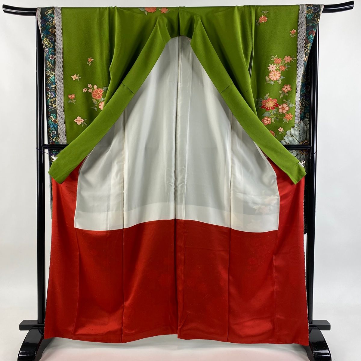  振袖 身丈165 cm 裄丈67 5 L 袷 袋帯フルセット 草花 疋田 金彩 鶯色 正絹 秀品 振袖 着物