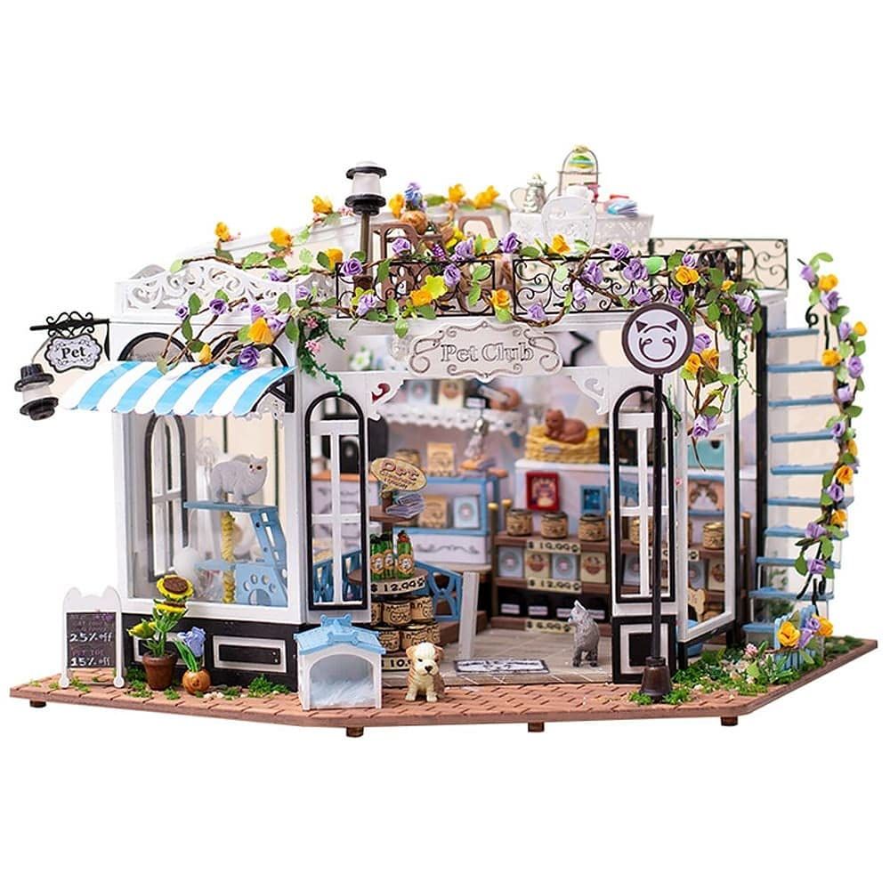 moin 1 24 ドールハウス ミニチュア 手作りキット セット お花 がたくさんの ペットショップ 猫 犬 動物 花 フラワー ひまわり LEDライト アクリルケース アニマル フィギュア 付属 2208 dh 347