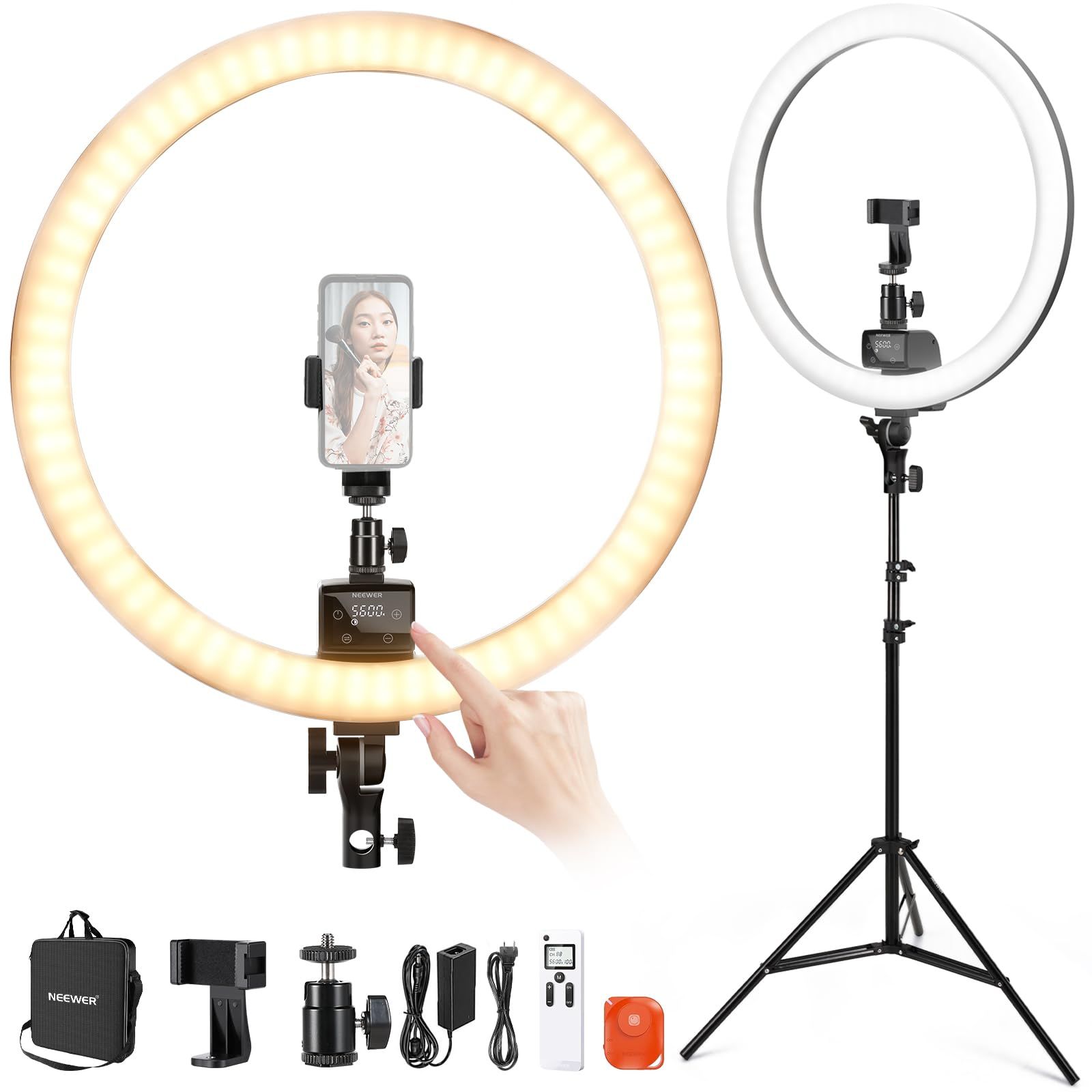 NEEWER 18インチ LEDリングライト 女優ライト タッチパネル 2.4 G制御 三脚スタンド付属 高出力 42 W 3200 K-5600 K 調光 高演色 CRI 95 スマホ カメラ取付 自撮り メイク ライブ配信 ポートレート 商品 美肌照