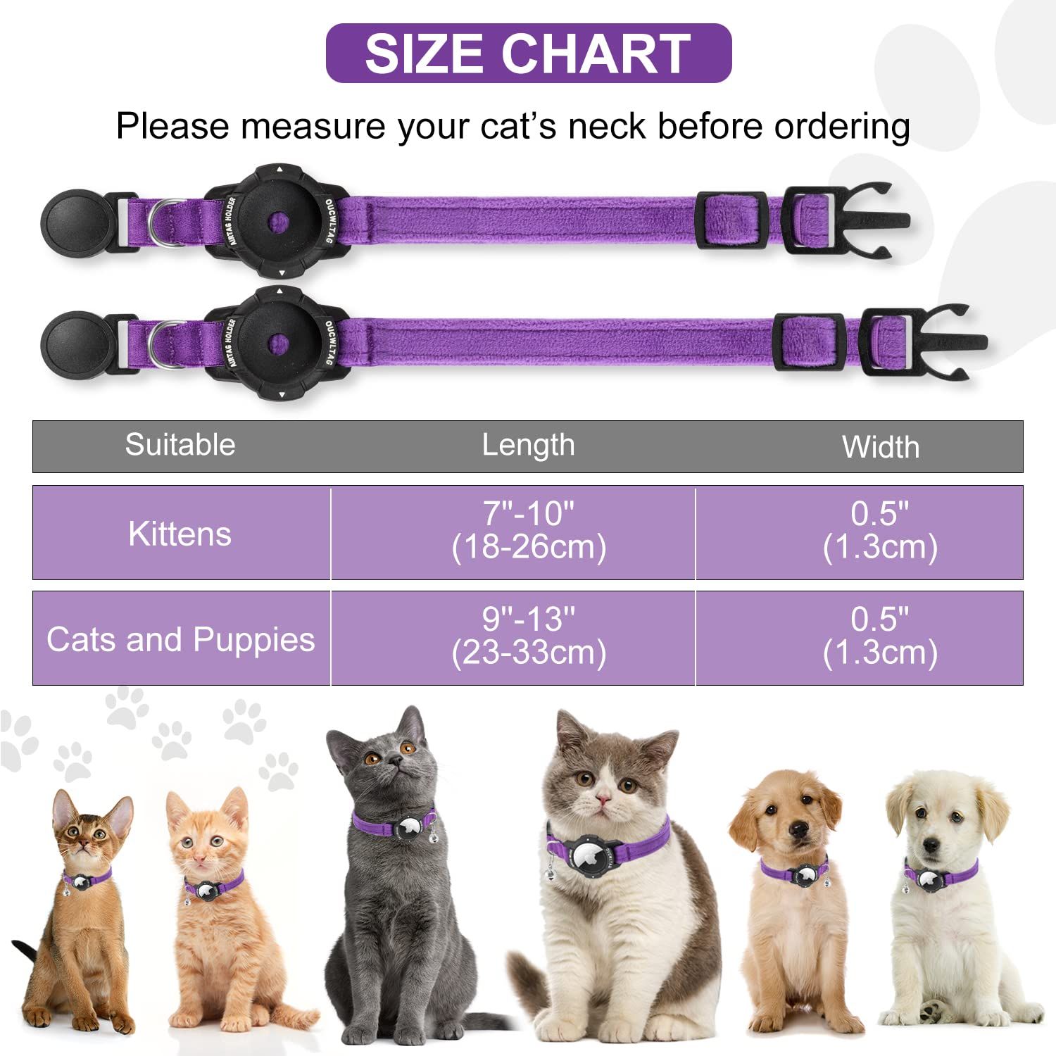 OUCWLTAG ルミナス AirTag 猫 首輪 分離 OUCWLTAG GPS 猫 首輪 Apple Airタグホルダー付き 猫 トラッカーカラー 安全ゴムバンド付き 女の子 男の子 猫 子猫 子犬 (9~13インチ パープル)