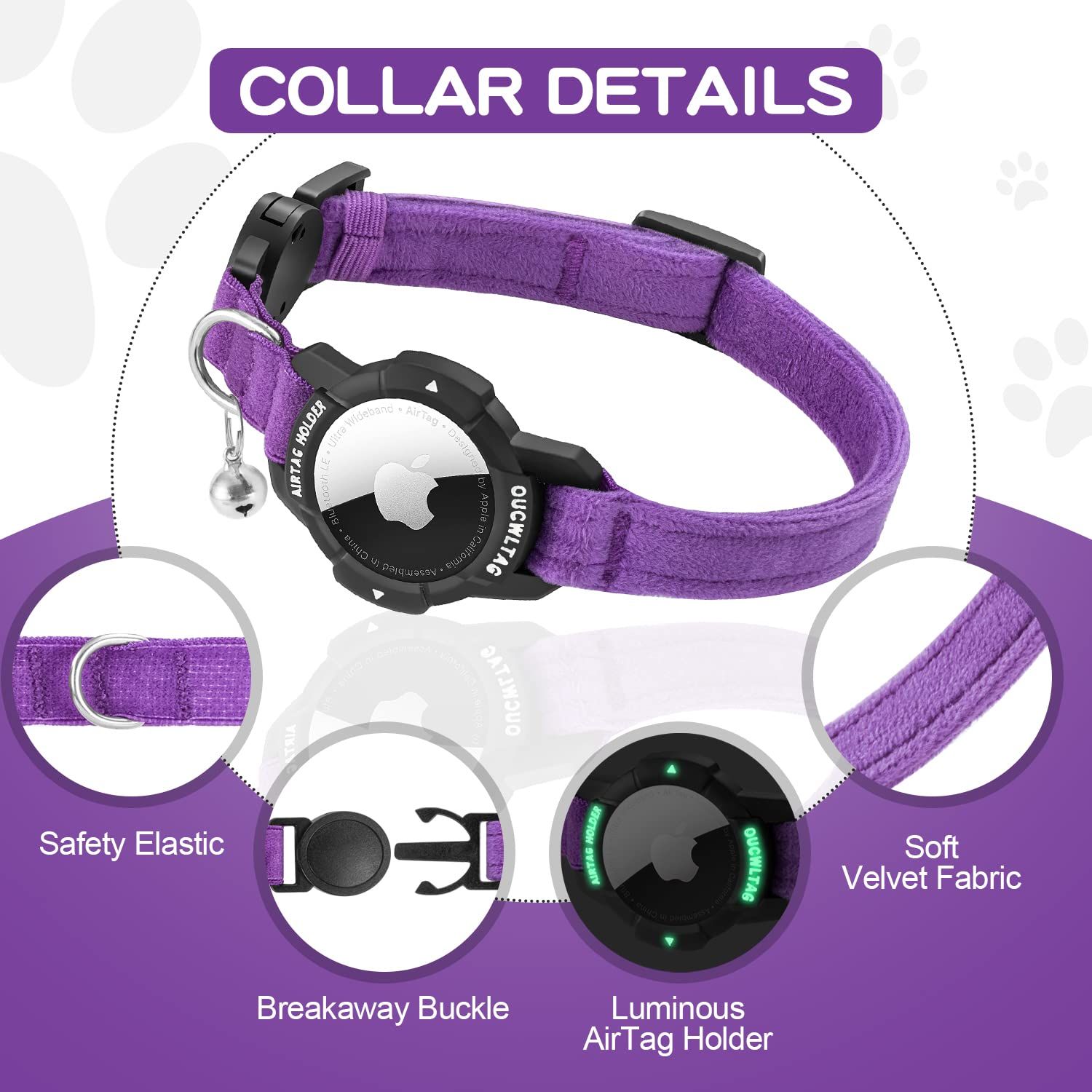 OUCWLTAG ルミナス AirTag 猫 首輪 分離 OUCWLTAG GPS 猫 首輪 Apple Airタグホルダー付き 猫 トラッカーカラー 安全ゴムバンド付き 女の子 男の子 猫 子猫 子犬 (9~13インチ パープル)