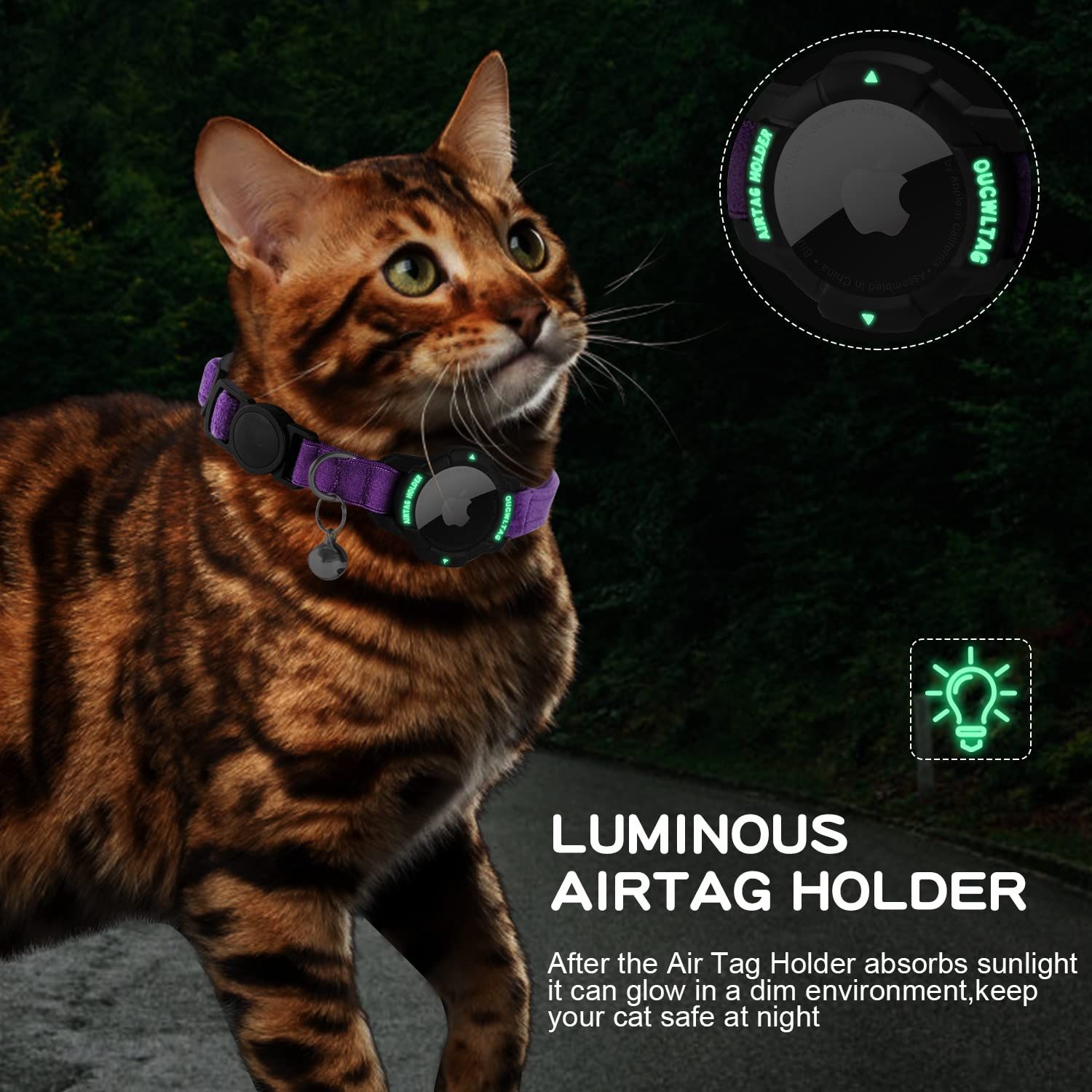 OUCWLTAG ルミナス AirTag 猫 首輪 分離 OUCWLTAG GPS 猫 首輪 Apple Airタグホルダー付き 猫 トラッカーカラー 安全ゴムバンド付き 女の子 男の子 猫 子猫 子犬 (9~13インチ パープル)