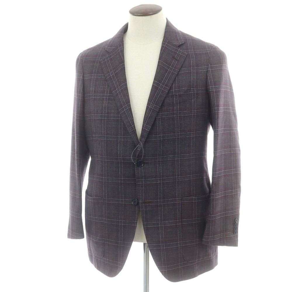 トゥモローランド シルクカシミヤ チェック テーラードジャケット ネイビー ベージュxマルーン サイズ52 メンズ