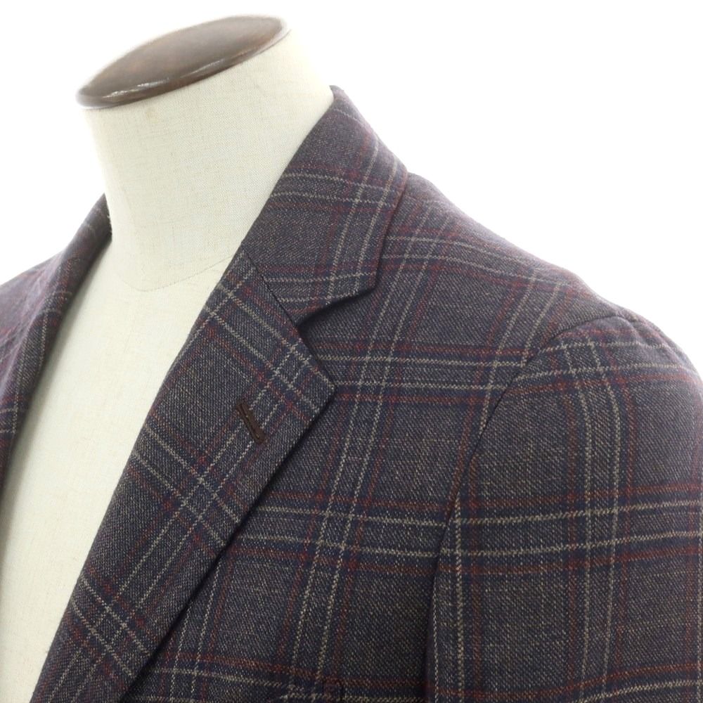 トゥモローランド TOMORROWLAND シルクカシミヤ チェック テーラードジャケット ネイビー×ベージュxマルーン サイズ52 メンズ