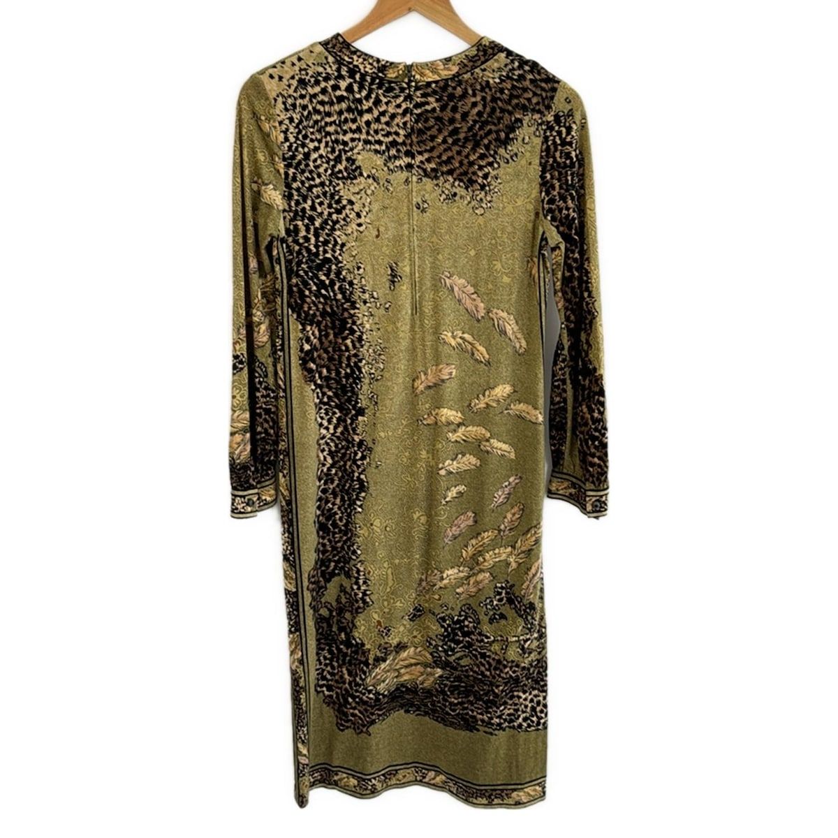 LEONARD レオナール ワンピース サイズL レディース - 黒×カーキ×マルチ クルーネック 長袖 ひざ丈