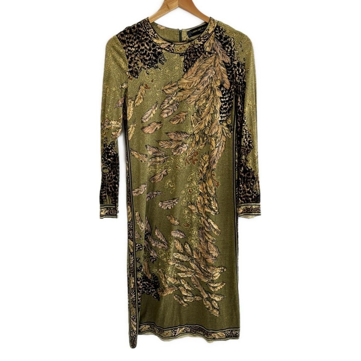 LEONARD レオナール ワンピース サイズL レディース - 黒×カーキ×マルチ クルーネック 長袖 ひざ丈