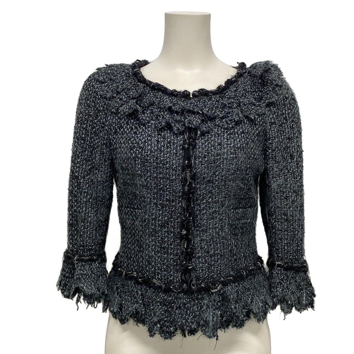 CHANEL シャネル ジャケット サイズ38 - P 28902 黒×ブルー×グレー ツイード ラメ フリル