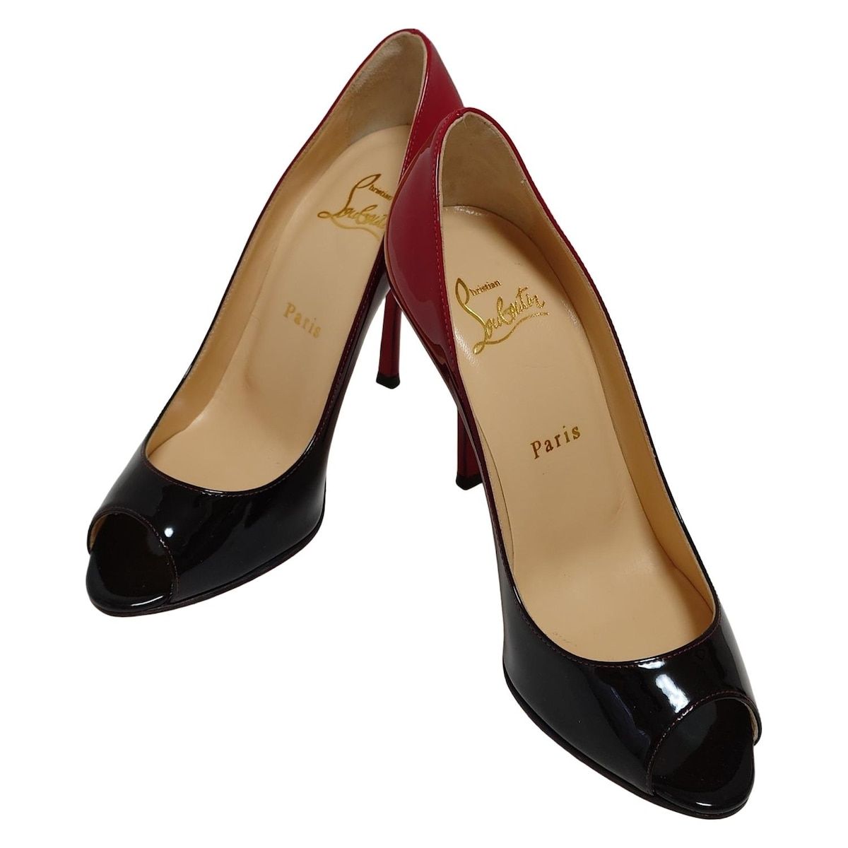 クリスチャンルブタン パンプス 36 1 2 レディース - レッド×黒 オープントゥ アウトソール張替済 レザー