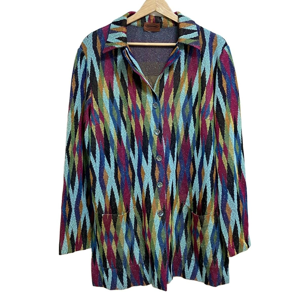 MISSONI ミッソーニ ジャケット サイズ46 L レディース - ブルーグレー×ライトパープル×マルチ 長袖 ロング丈 オールシーズン