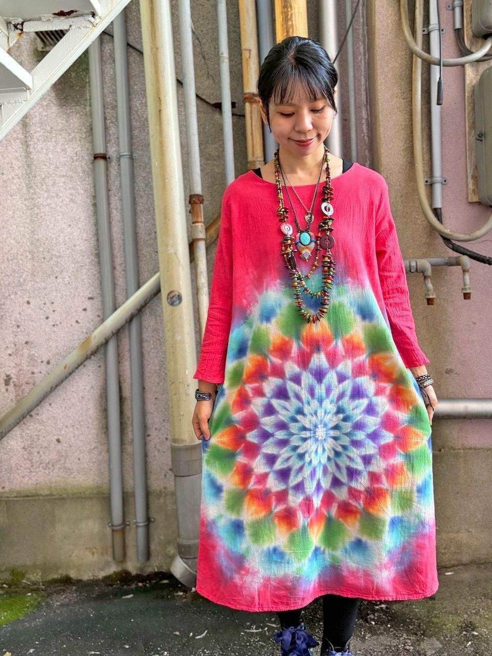 タイダイ染め 長袖ワンピース レッド 幻想的な曼荼羅模様 HD25-03