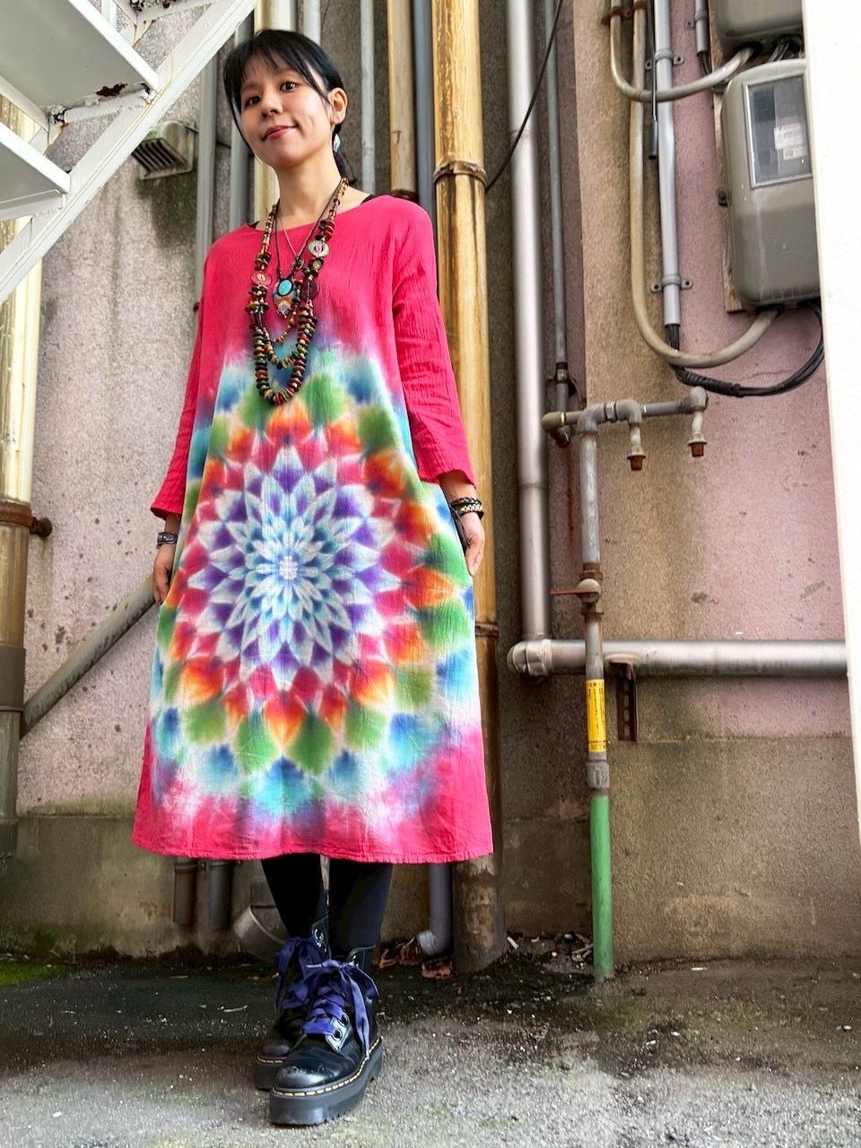 タイダイ染め 長袖ワンピース レッド 幻想的な曼荼羅模様 HD 25-03