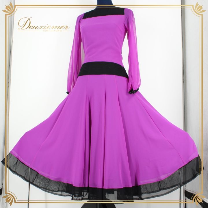 社交ダンス 衣装 上下セット ツーピース パーティ衣装 女性用 レディース オールシーズン 黒 紫 サン ヨシムラ ブラック系 パープル系 Mサイズ おしゃれ フ スカート 薄手 ダンスイベント 講習会 おすすめ 吸汗速乾 伸縮性 通気性