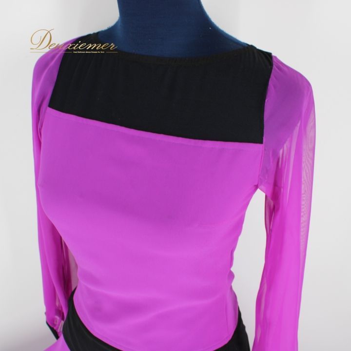 社交ダンス 衣装 上下セット ツーピース パーティ衣装 女性用 レディース オールシーズン 黒 紫 サン ヨシムラ ブラック系 パープル系 Mサイズ おしゃれ フ スカート 薄手 ダンスイベント 講習会 吸汗速乾 伸縮性 通気性