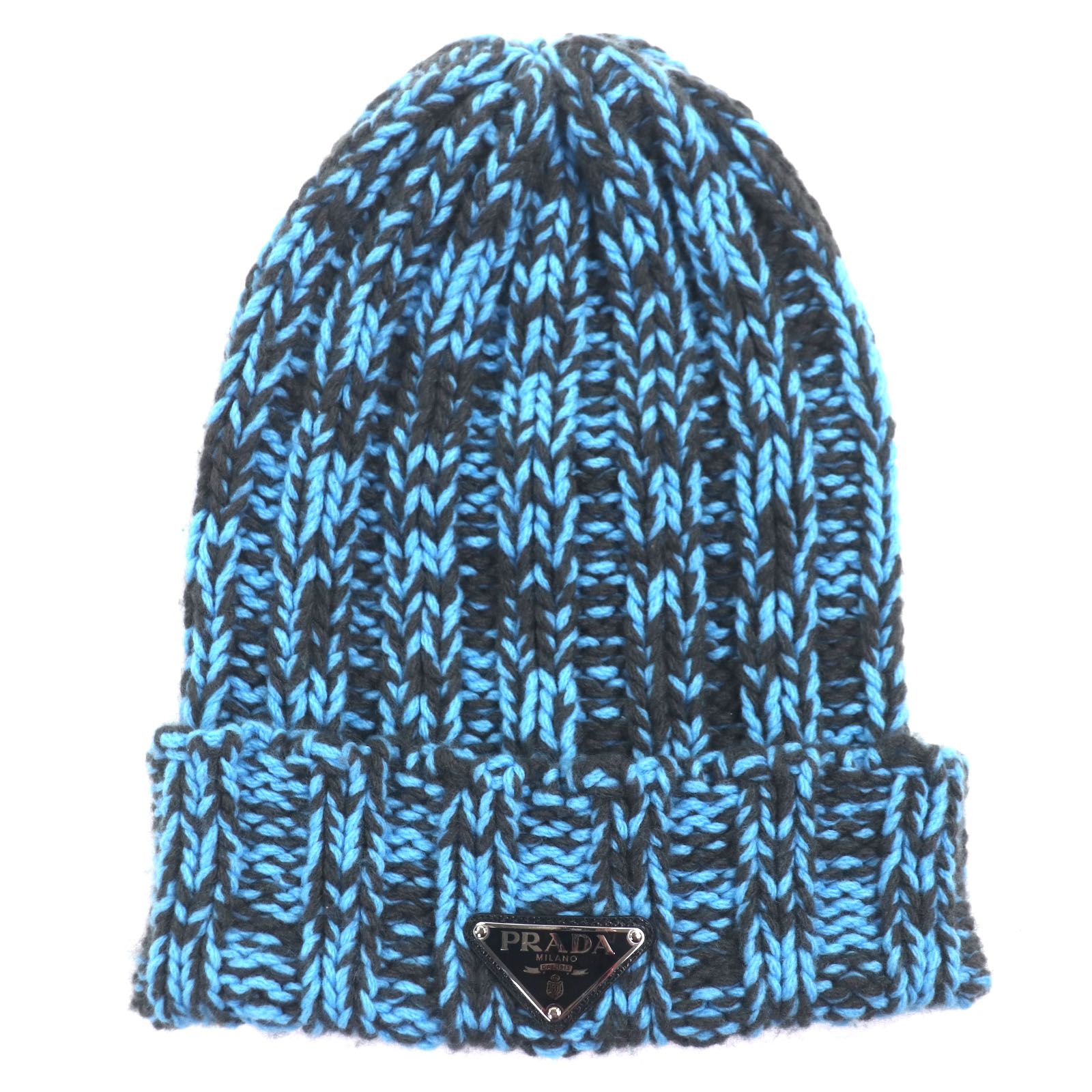 PRADA プラダ 製 1HC354 ウール カシミヤ トライアングルロゴ 三角プレート 帽子 ニットキャップ ブルー ブラウン イタリア製 メンズ