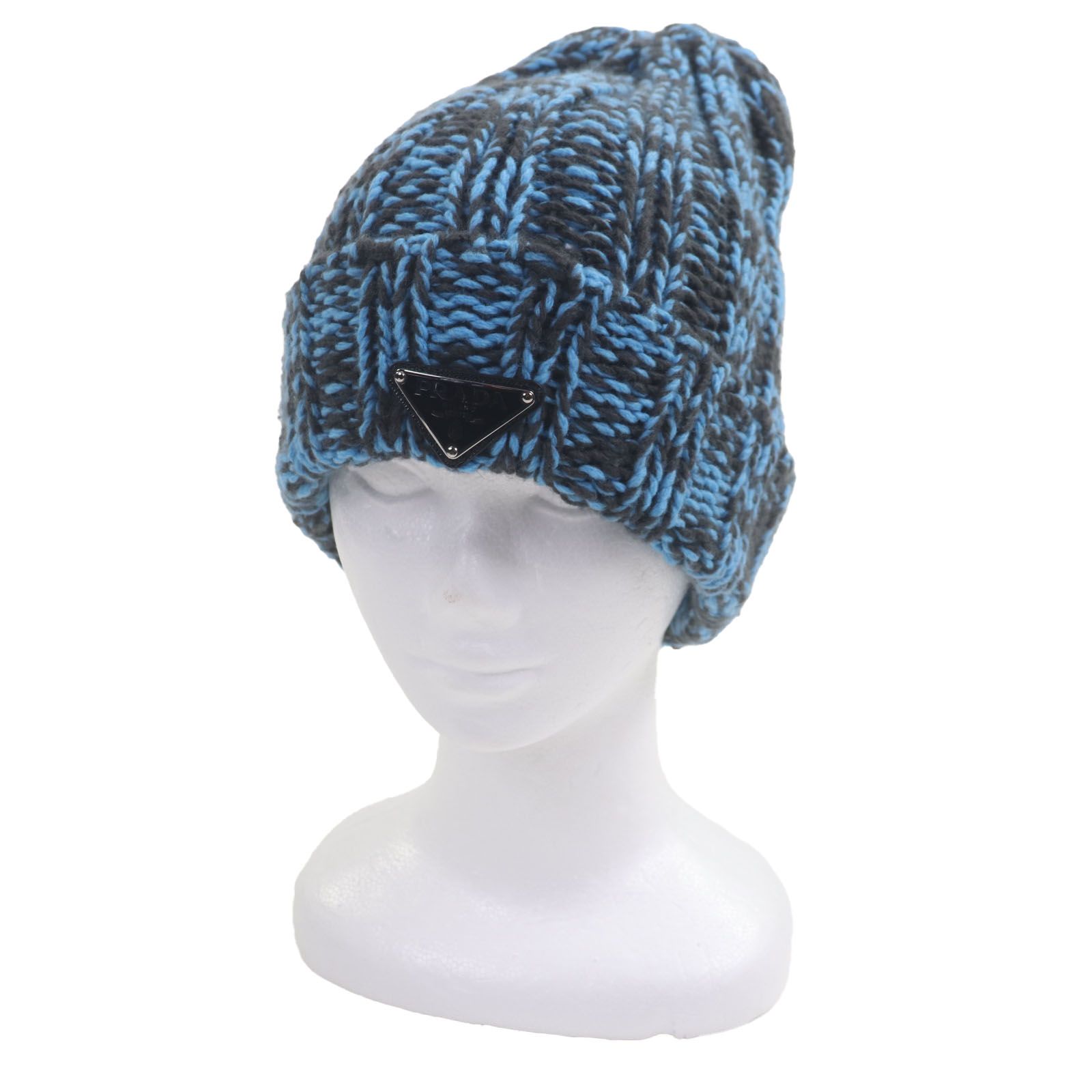 PRADA プラダ 製 1HC354 ウール カシミヤ トライアングルロゴ 三角プレート 帽子 ニットキャップ ブルー ブラウン イタリア製 メンズ