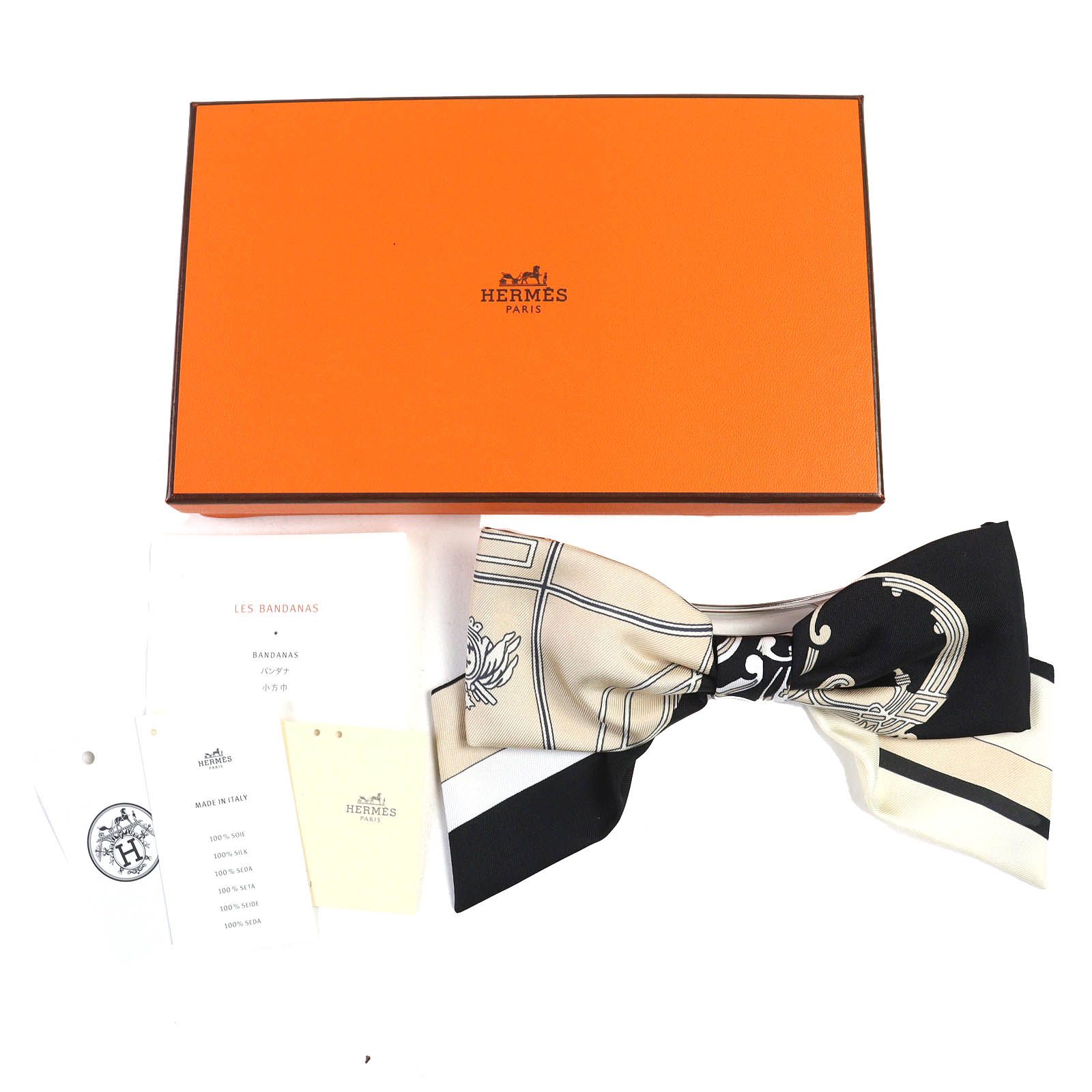 HERMES エルメス グルネル エクスリブリス バレッタ シルク100％ シルバー金具 リボン付き 髪留め ヘア ブラック ベージュ き イタリア製 レディース
