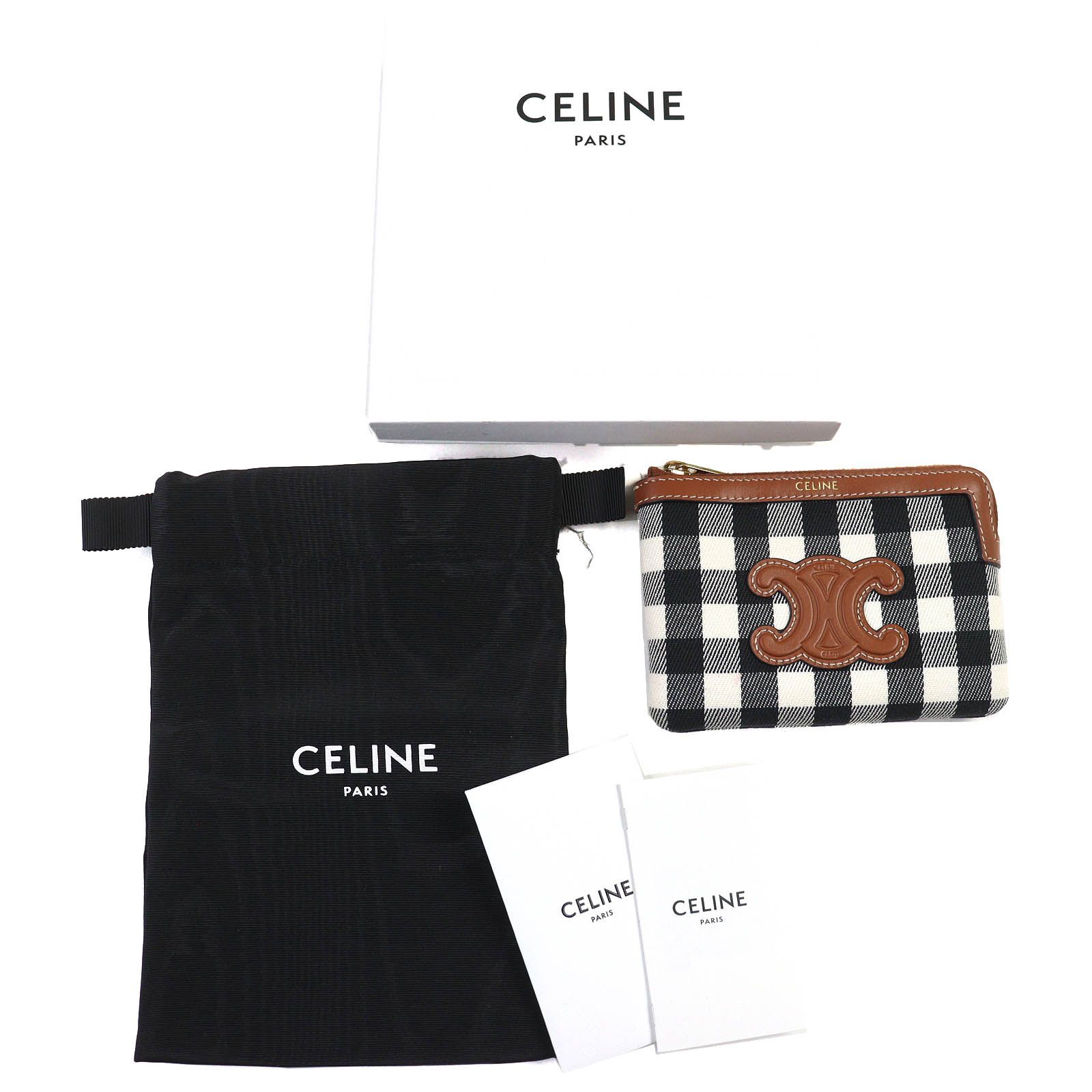 CELINE セリーヌ レザー使い トリオンフ チェック柄 ジップ コインケース 小銭入れ ブラウンブラック ホワイト ゴールド金具 箱 保存袋付き イタリア製 レディース