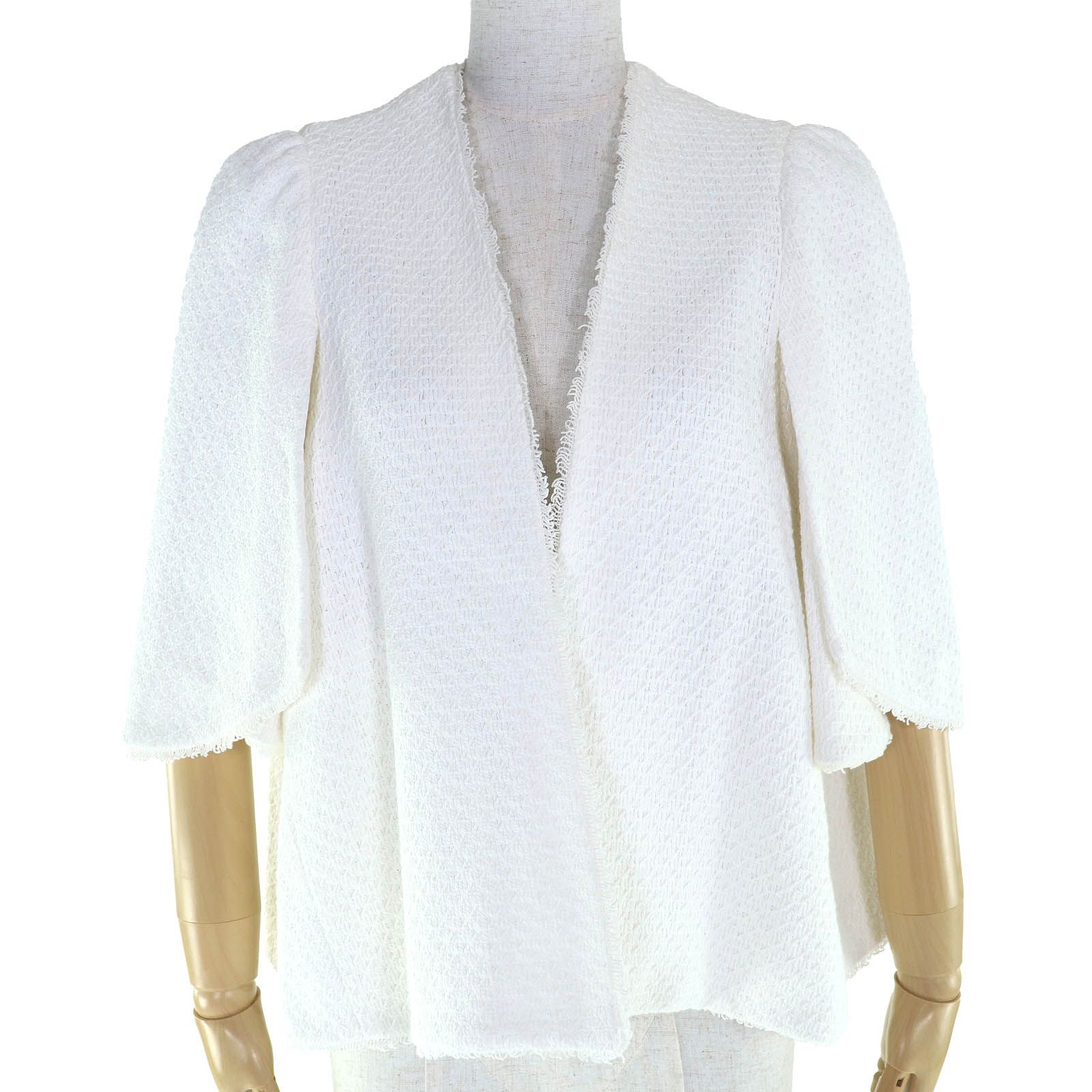 DRAWER ドゥロワー 6522-299-0972 コットン100％ 五分袖 ノー フリンジ ニットジャケット ホワイト 36 レディース