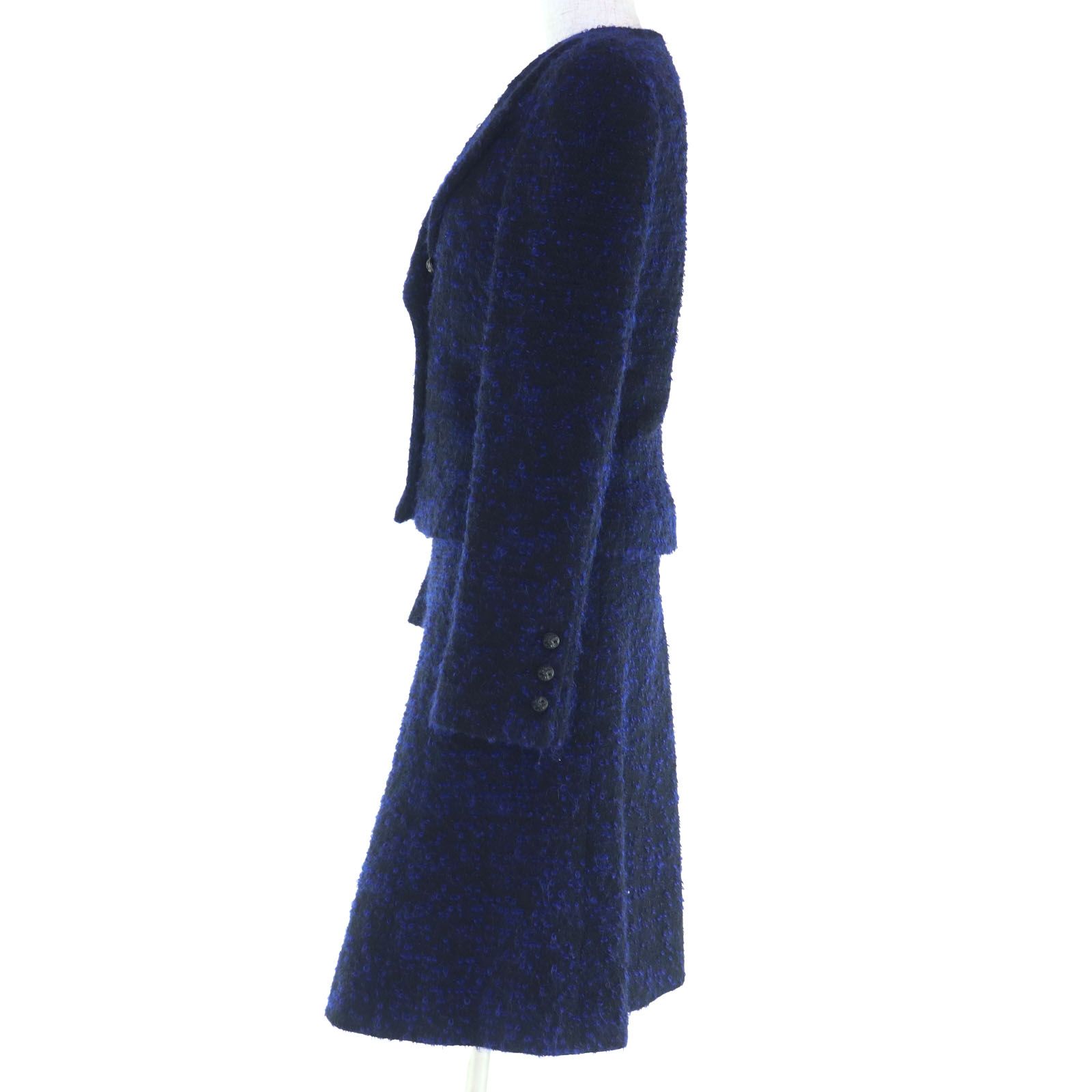 CHANEL シャネル ヴィンテージ 02A P20280 ココマーク ふくろうボタン付き モヘア混 ジャケット スカート セットアップ ブラック ブルー 40 フランス製 レディース