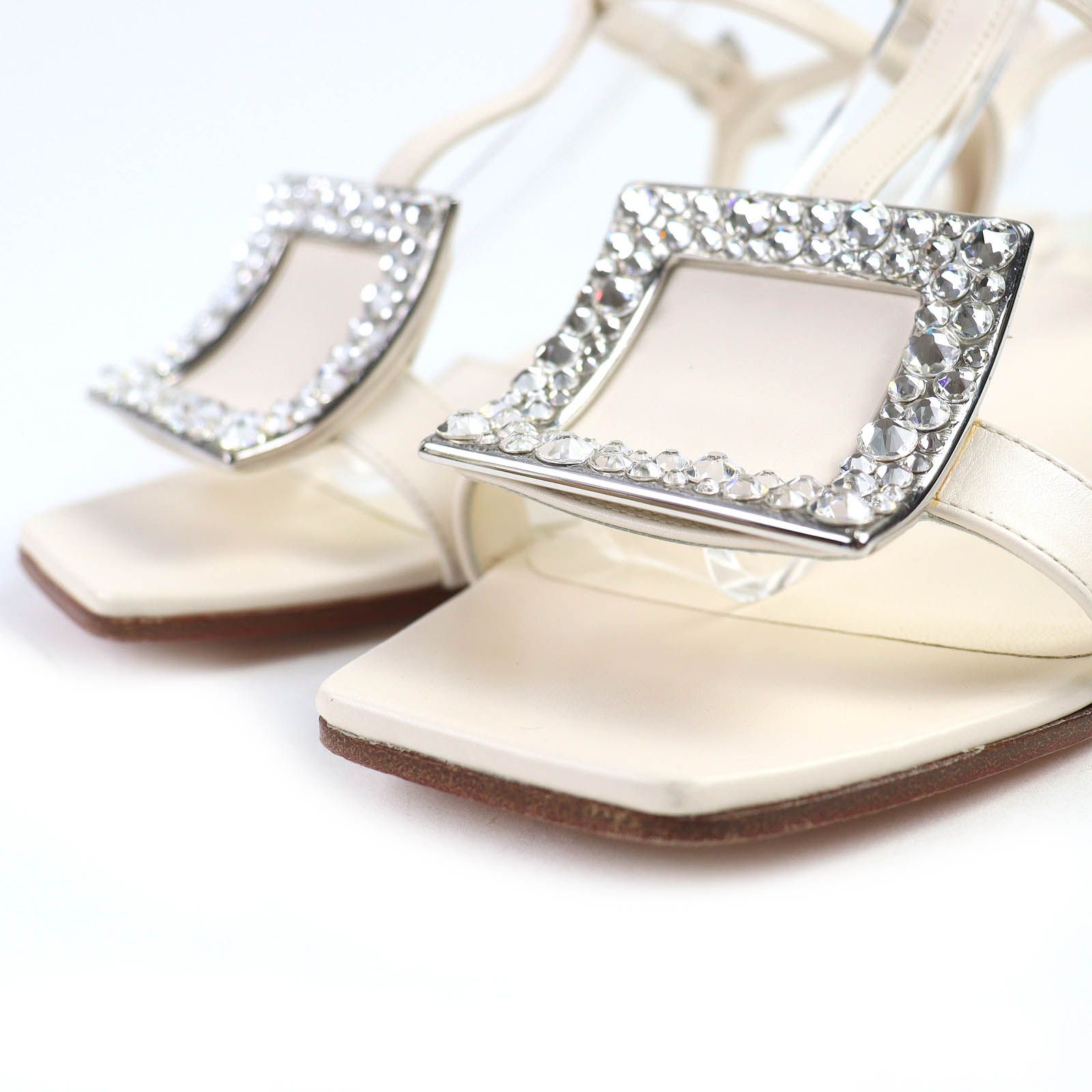  ROGER VIVIER ロジェヴィヴィエ ビジュー アンクルストラップ付き スクエアトゥ レザー サンダル アイボリー 37 き イタリア製 レディース サンダル サンダル ミュール