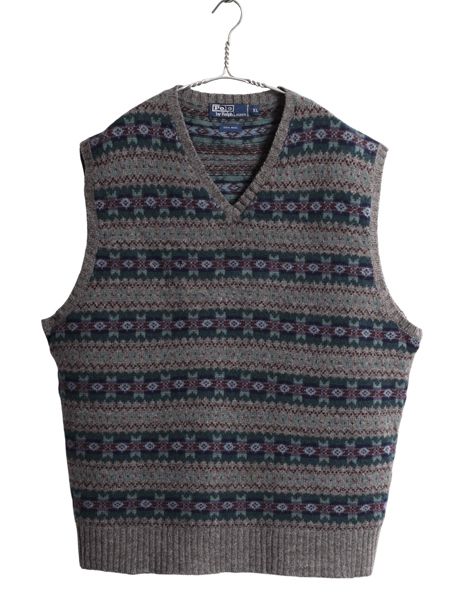90s ポロ ラルフローレン Vネック ニット ベスト メンズ XL ウール フェアアイル セーター 重ね着 マルチ 大きいサイズ