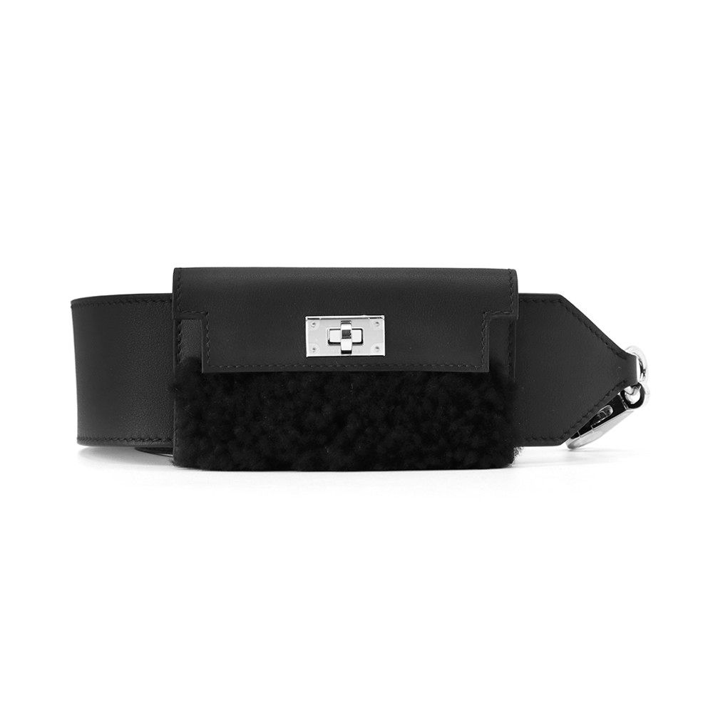 エルメス ショルダーストラップ バンドリエール ケリーポケット ブラック シルバー金具 スイフト ムートン B刻印 黒