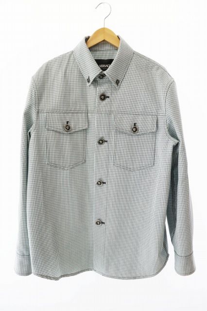 ヴェルサーチ ヴェルサーチェ VERSACE ダブルポケット チェック柄 シャツ ジャケット 46 ライトブルー ブランド古着ベクトル 251111
