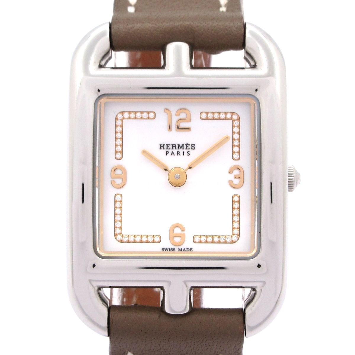 HERMES エルメス 腕時計 ケープコッド ドゥブルトゥール CC1.312 レディース 革ベルト Z刻印 ダイヤモンド文字盤 白