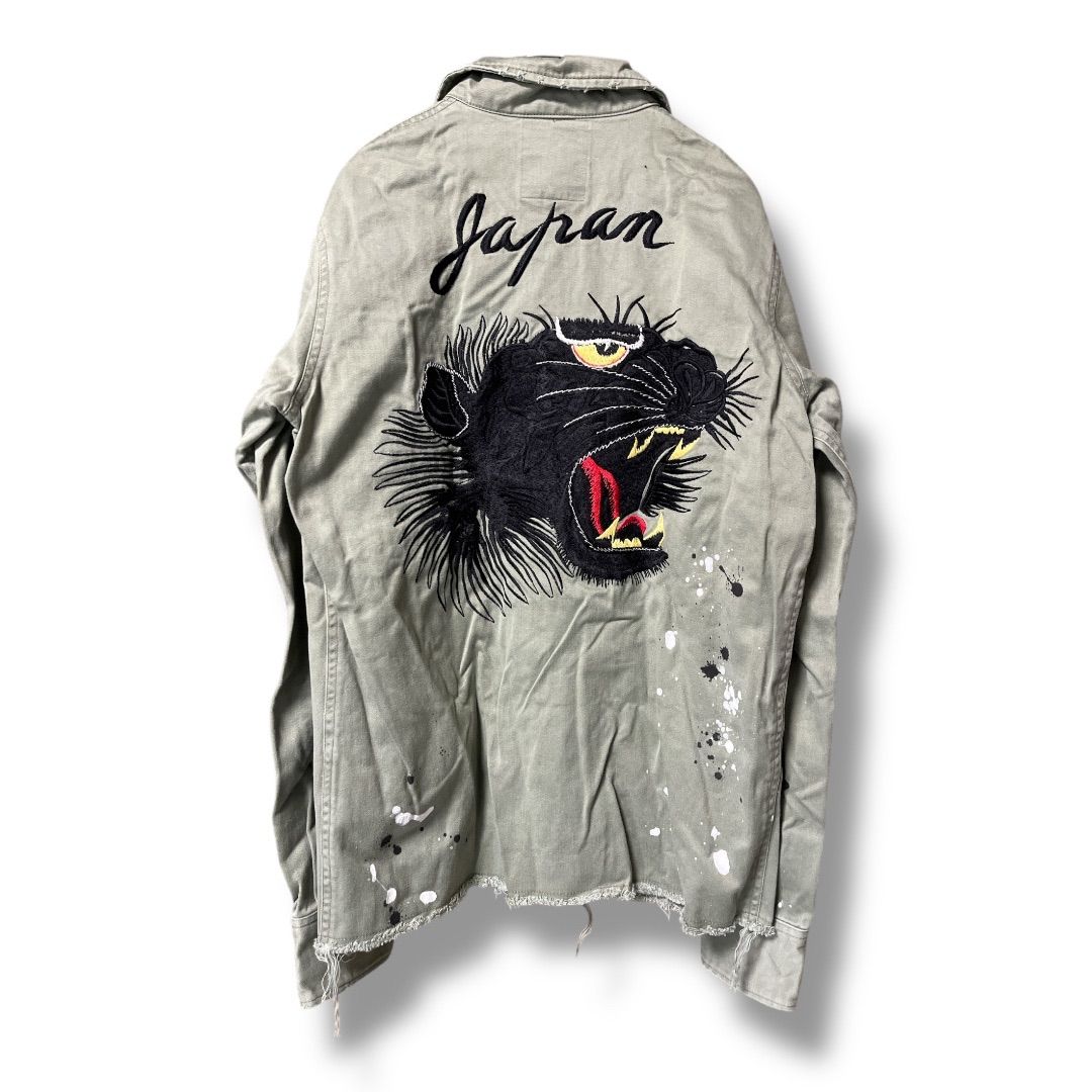 CREATURE FROM THE LIVING クリーチャーフロムザリビング ミリタリーシャツ 長袖 ユーティリティーシャツ 刺繍 ペイント 羽織り メンズ サイズS カーキ 秋 久喜倉庫店 36 No.K812Y