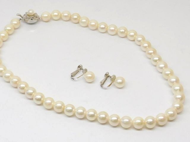 3 F 5番 パール 真珠 ネックレス 約8.5～8.8 mｍ 40 cm イヤリング 約8.5ｍｍ レディース シルバー金具 7 J