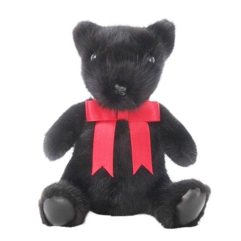 ノーブランド ぬいぐるみ ミンクベアー テディベア ミンクファー 毛皮 リボン レザー 革 切替 黒 ブラック CK28 GY11